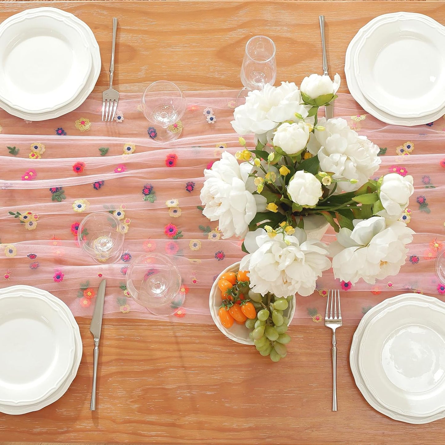 Pink Embroidery Daisy Fall Table Runner 120Inch 10FT Florals Soft Sheer Tulle Fabric Table Runner for Home Decor, Brithday, Wedding, Baby Shower ,Holiday ,Parties, DIY Craft,3PC