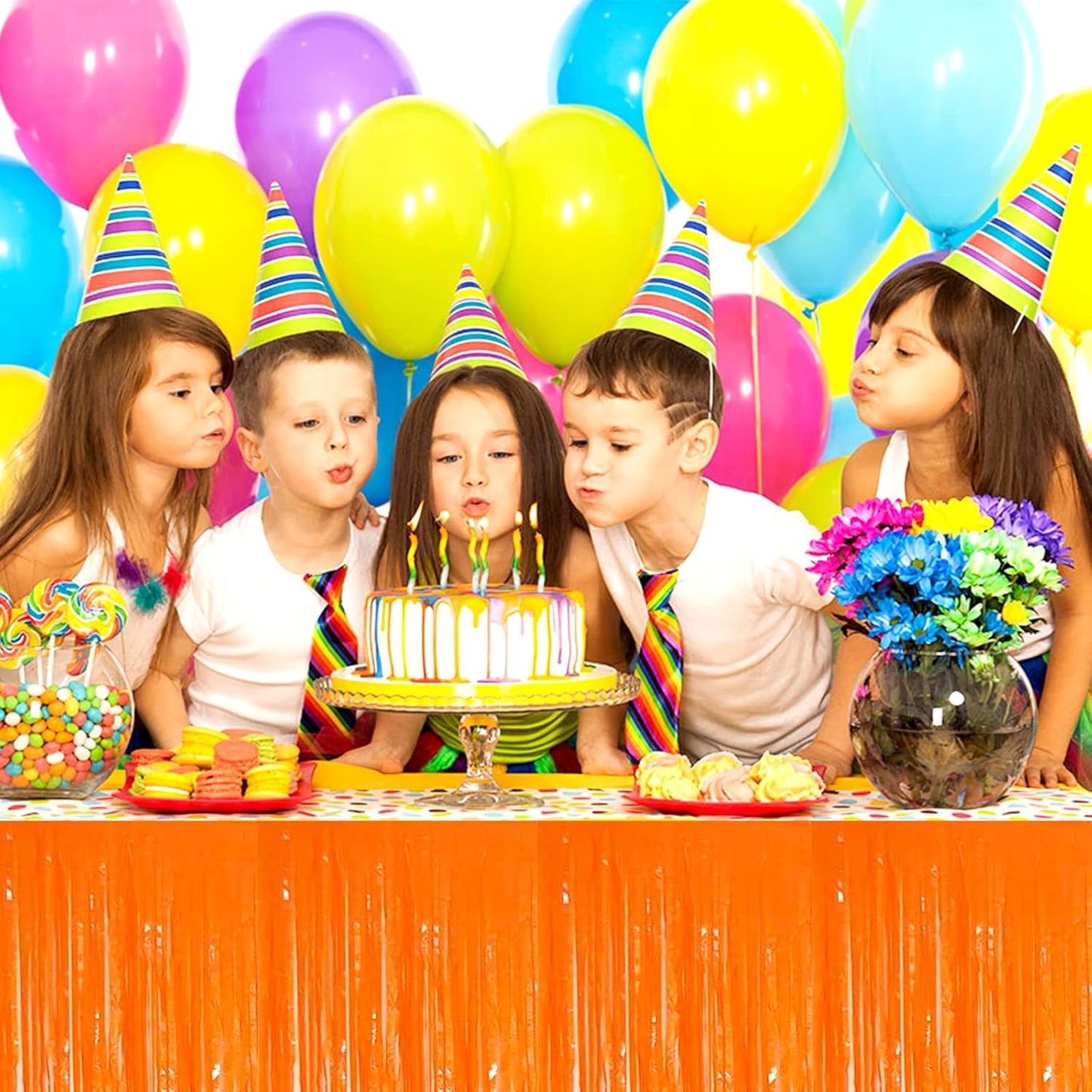 4 Pack 29x108 Inch Metallic Foil Fringe Tinsel Table Skirts for Rectangle Tables Streamer Backdrop for Wedding, Birthday, Parade Floats, Christmas, Halloween Party Decoration(New Orange)