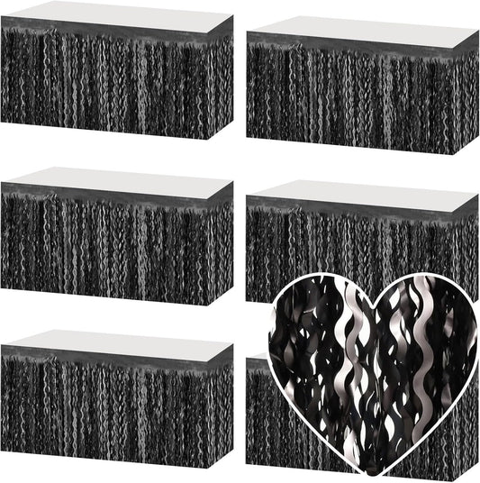 6 Pack 29x108 Inch Black Wave Foil Fringe Table Skirts Metallic Banner for Tinsel Streamer Garland Backdrop for Parade Floats Wedding, Mother's Day, Birthday Mardi Gras Party Decorations