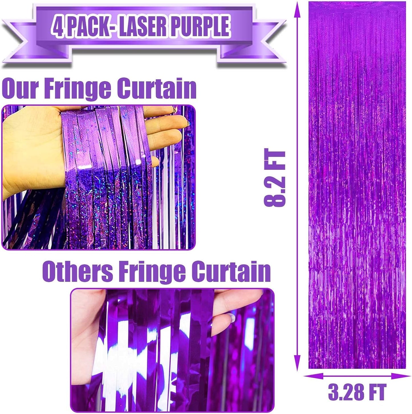 4 Pack Purple Tinsel Foil Fringe Curtain Backdrop, 3.28Ft x 8.2Ft Metallic Streamers for Photo Booth Props Wedding Bridal Shower Bachelorette Birthday New Years Christmas Party Decoration