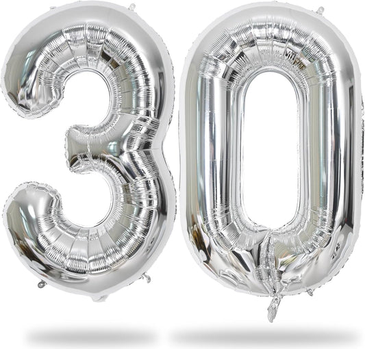Silver 30 Number Balloons, 40 Inch Helium Foil Number 3 & 0 Balloons for 30 Year Old Birthday Decorations, Large Self Inflating Mylar Balloon for Men 30th Birthday Party Anniversary Decor Supplies