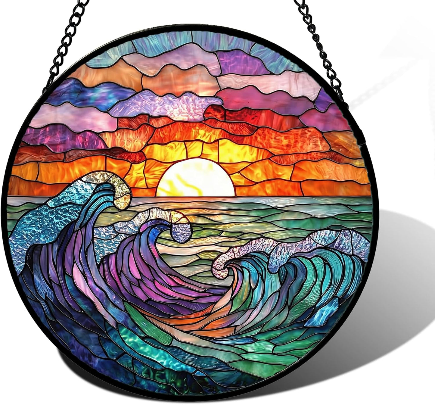 Stained Glass Window Hanging, Clouds and Sea Waves Suncatcher Diamond Glass Panel Hangings Scenery Sun Catchers Decor for Birthday for Women, Men, Wife, Aunt, and Mom 6.3 in