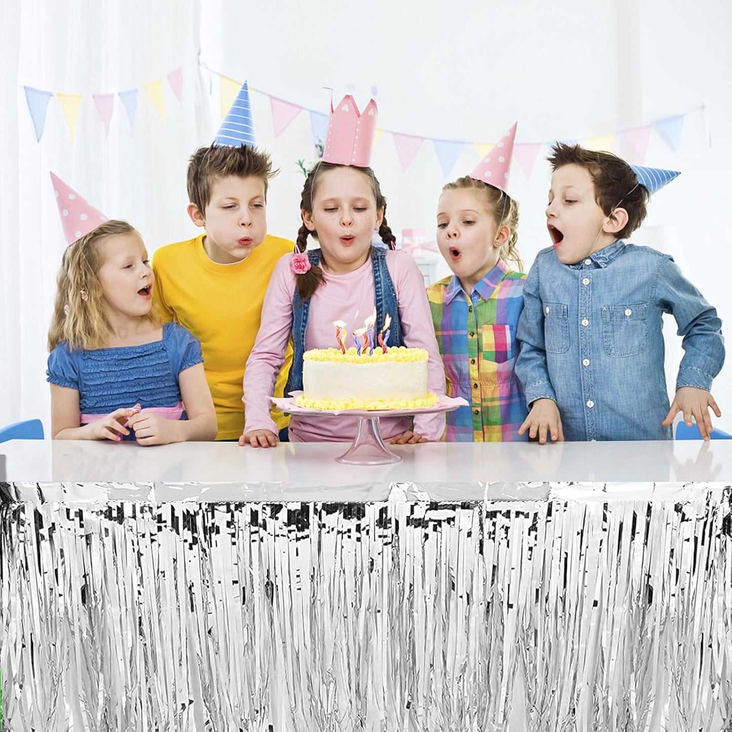 4 Pack Metallic Foil Fringe Tinsel Table Skirts,29x108 Inch Party Disposable Table Skirt Banner for Hotel Banquet Parade Floats Mardi Gras Holiday Birthday Wedding New Year Party Decoration(Silver)