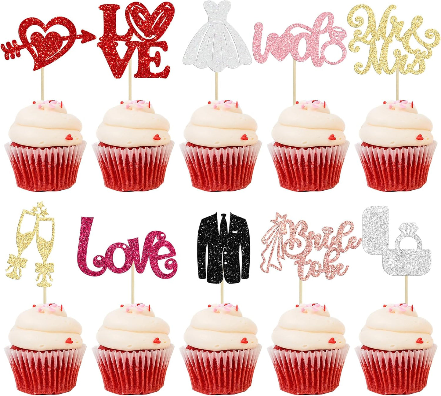 Ephlyn 30Pcs Bride to be Cupcake Toppers Glitter Wedding Cake Topper Decorations I Do Love Heart Ring Cupcake Picks for Bridal Shower Wedding Engagement Party Supplies Multicolor