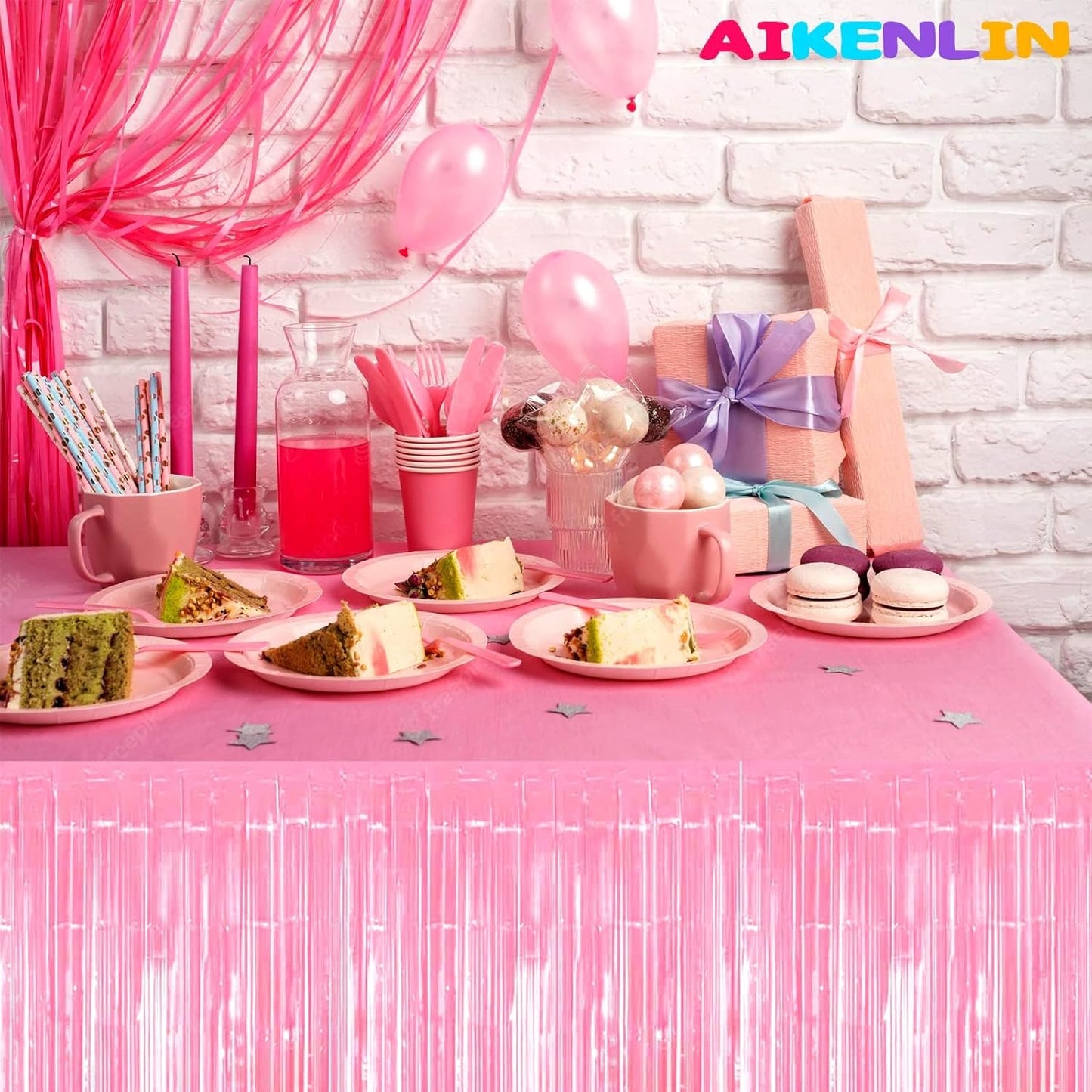 6 Pack 29x108 Inch Metallic Foil Fringe Tinsel Table Skirts Banner for Rectangle Tables Streamer Garland Curtains Backdrop for Birthday, Parade Floats, Valentine's Day Party Decoration(Macaron Pink)