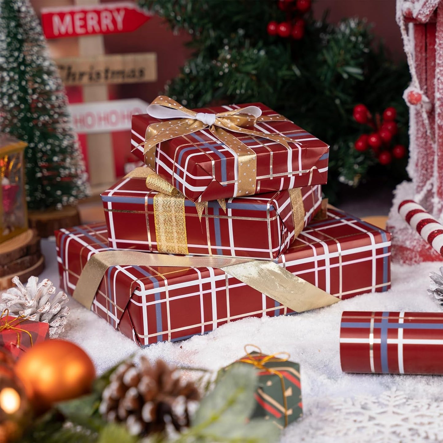 LeZakaa Christmas Red Wrapping Paper Roll, Buffalo Plaid Red for Christmas Winter Holiday Family Gathering, Grid Backing, 17 inches x 32.8 Feet, Mini Roll