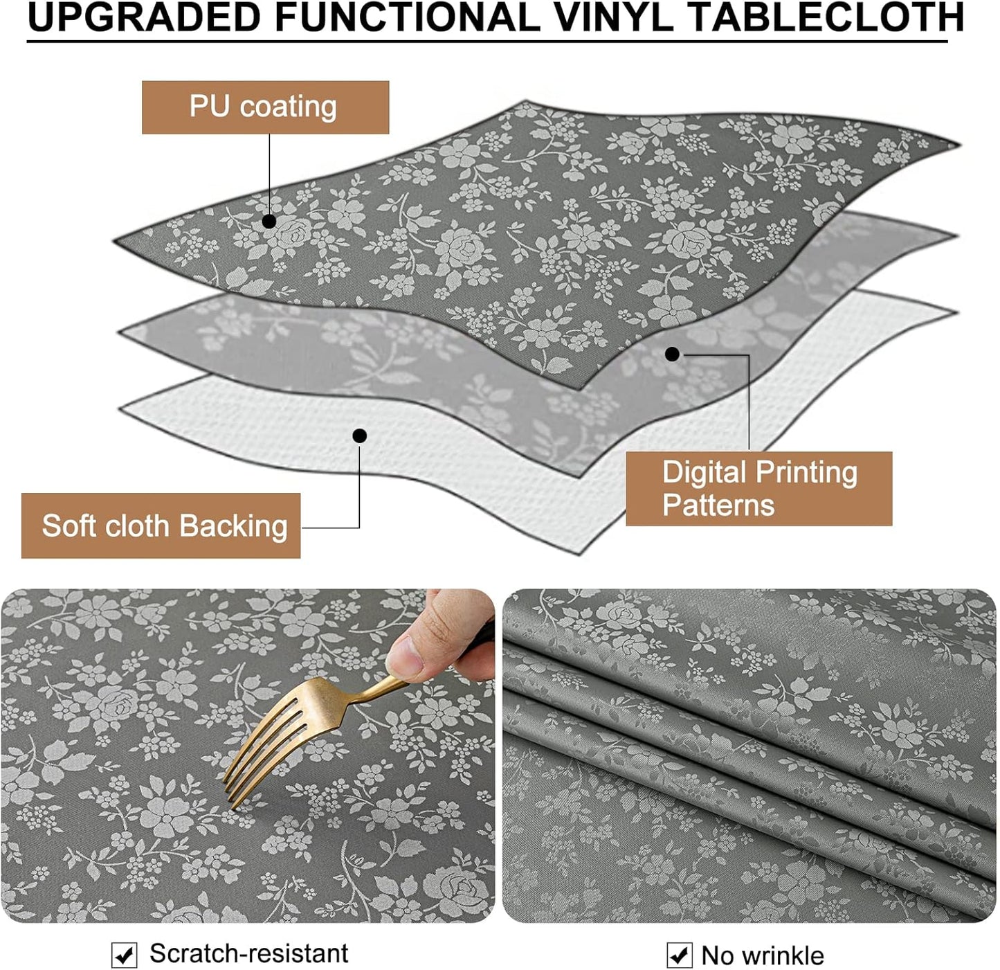 Smiry Rectangle Table Cloth, Waterproof Heavy Duty Vinyl Tablecloths, Wipeable Washable Table Cover for Kitchen and Dining Room (Grey, 60" X 140")