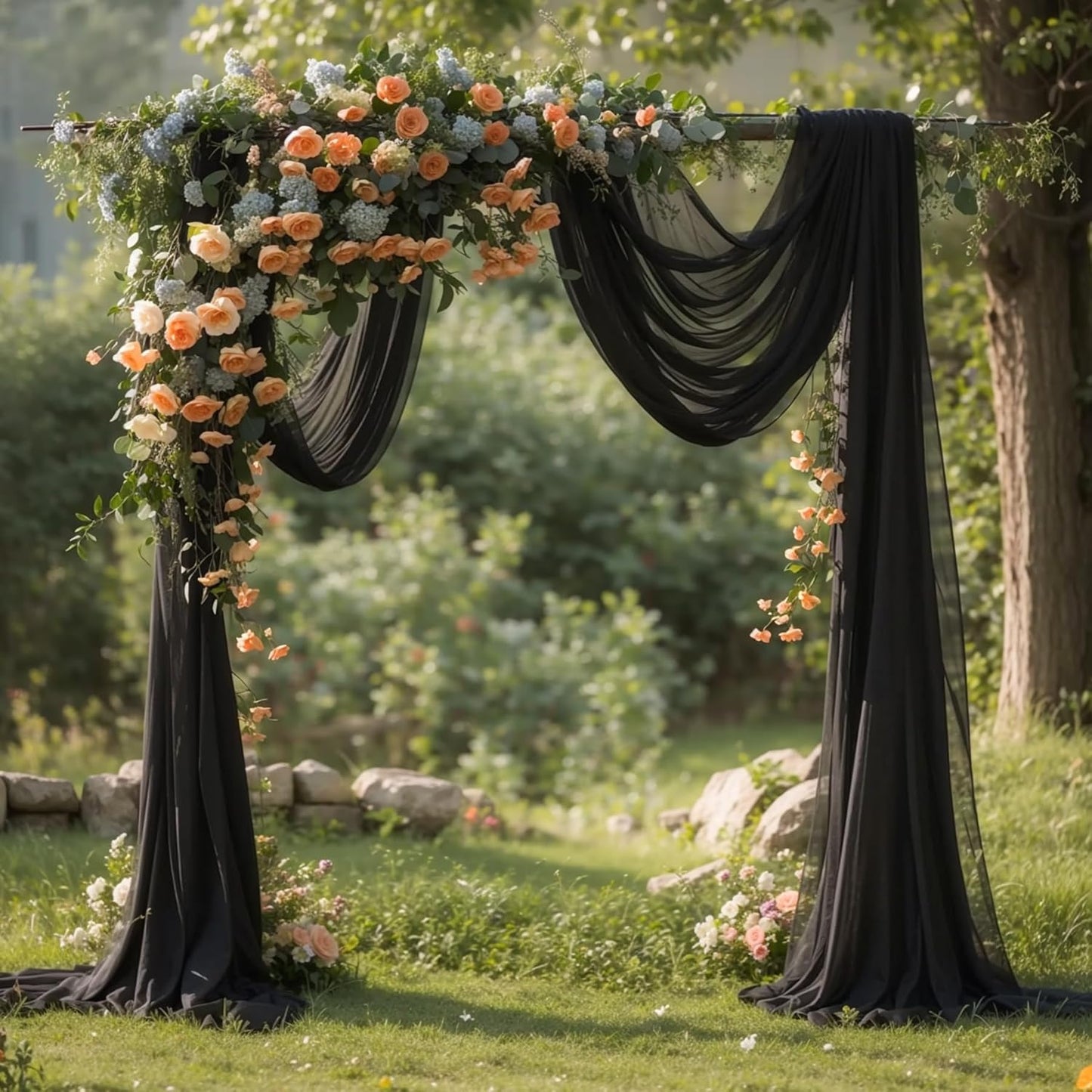 PARTISKY Wedding Arch Draping Fabric 19FT Black Drapery Sheer Curtains for Backdrop Wedding Arch Decorations for Ceremony Stage Reception Banquet Party（1 Panel）, Black