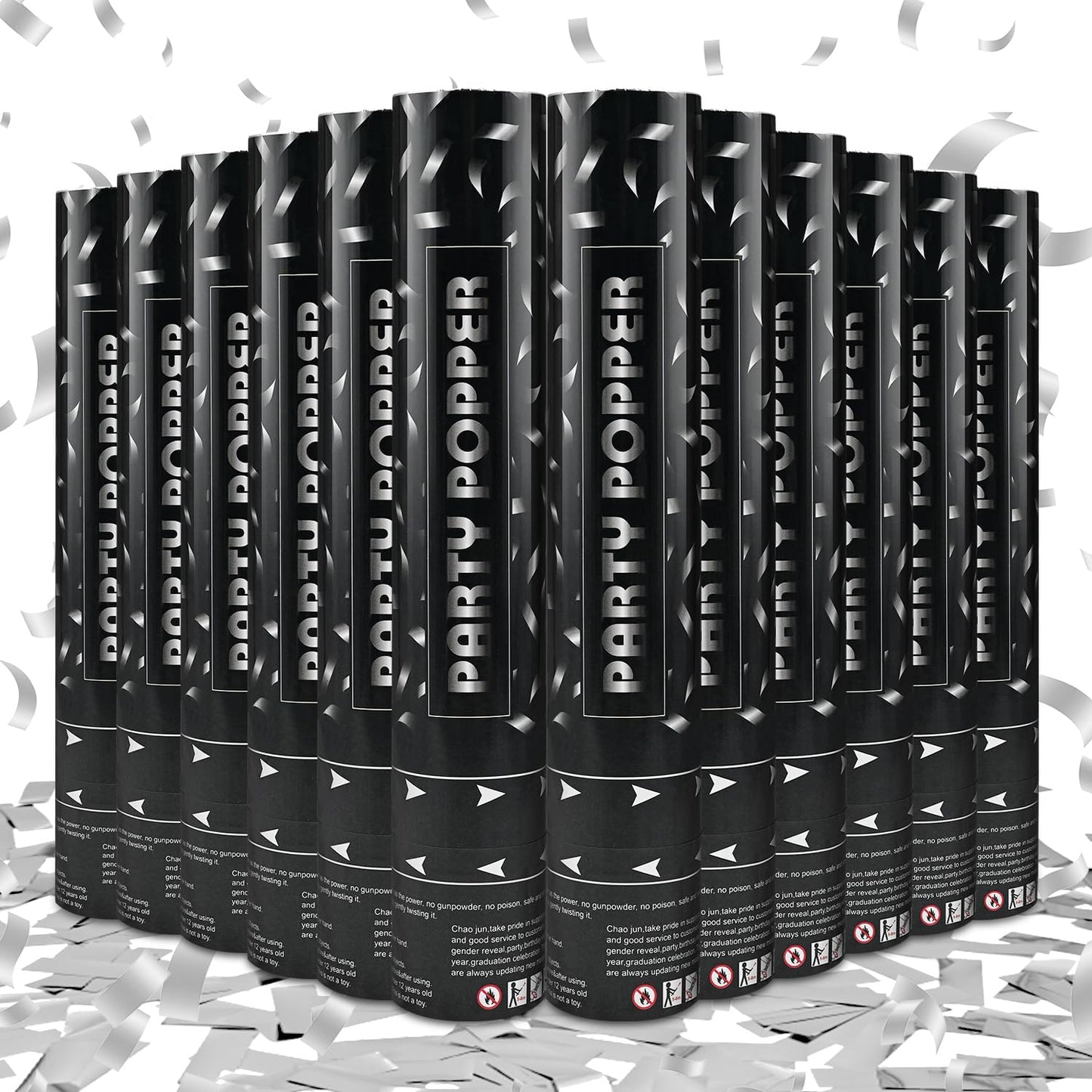 Party Poppers Confetti Cannon 12 Pack Silver Poppers 12 Inch Party Shooters Mylar Confetti Silver Foil Confetti Cannons Bulk for Wedding Birthday Graduation Baby Gender Reveal Christmas New Year