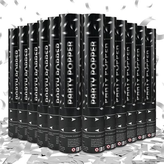 Party Poppers Confetti Cannon 12 Pack Silver Poppers 12 Inch Party Shooters Mylar Confetti Silver Foil Confetti Cannons Bulk for Wedding Birthday Graduation Baby Gender Reveal Christmas New Year