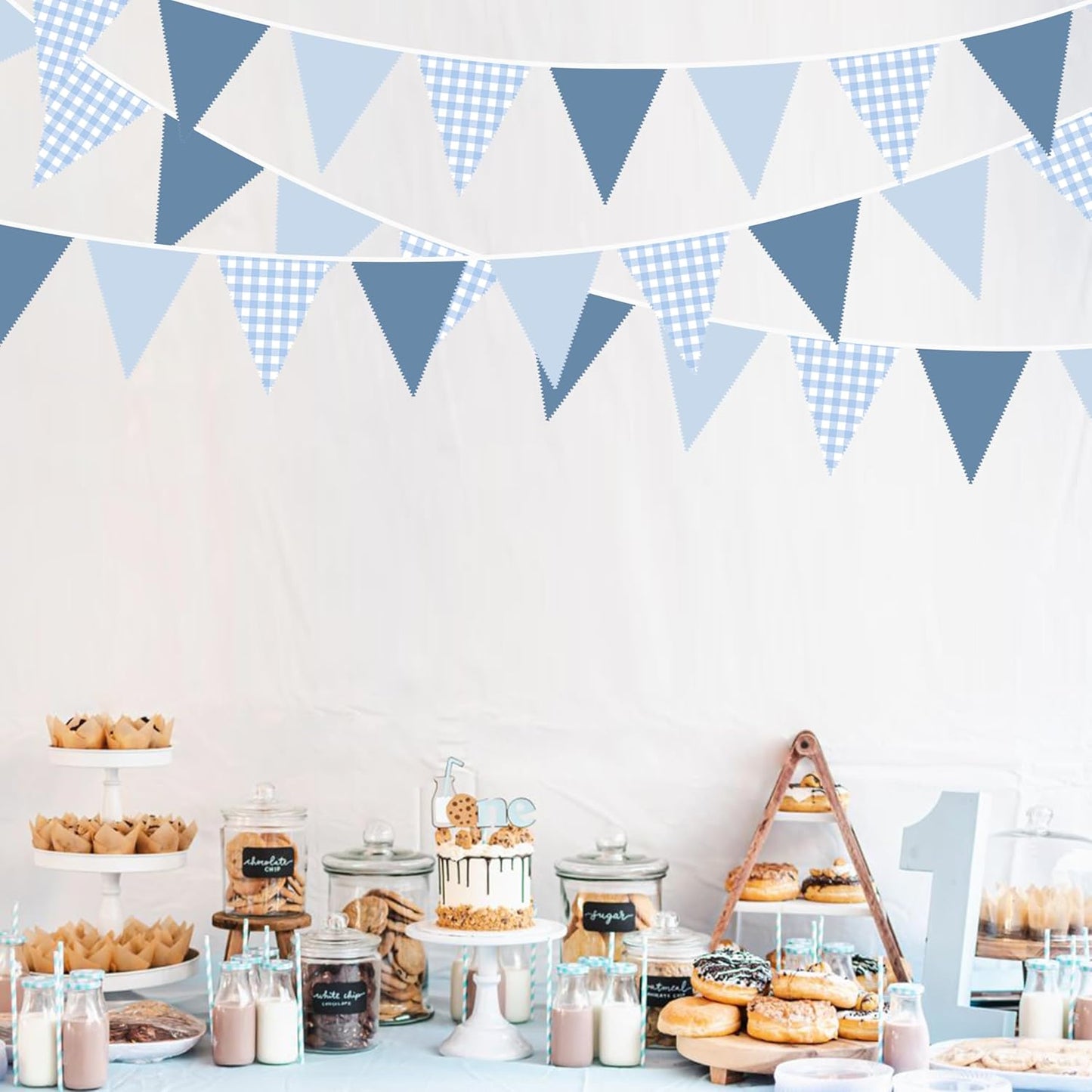 32Ft Dusty Blue Party Decorations Retro Blue Gingham Triangle Banner Flag Pennant Fabric Garland Streamers for Nautical Wedding Birthday Ahoy Achor Bridal Baby Shower Under The Sea Decor Supplies