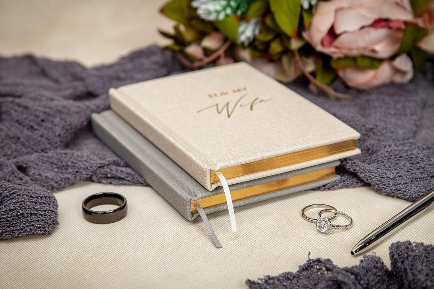 MUUJEE Hard Cover Vow Books (Set of 2) - Foil Embossed Wedding Ceremony Vow Renewal Speech Books, Couple Gifts for Engagement (For My Husband/Wife)