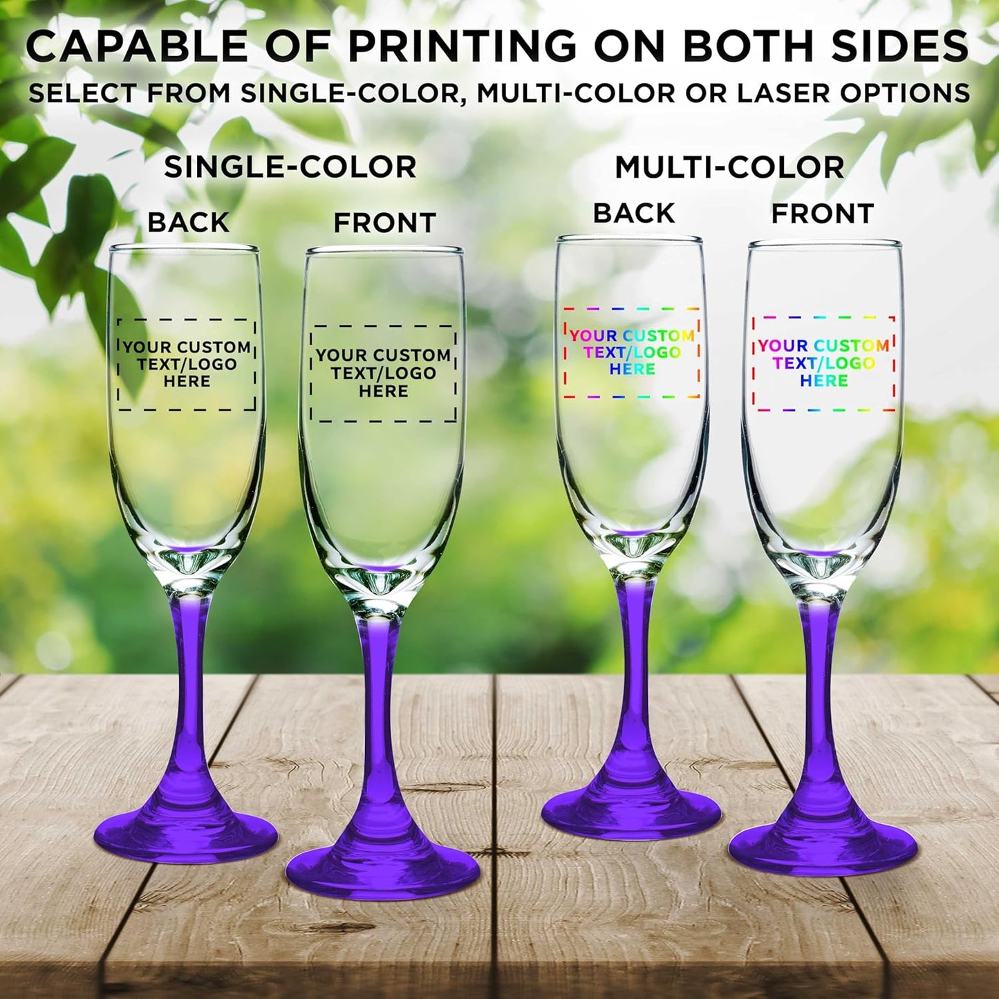 DISCOUNT PROMOS Custom Premiere Champagne Flutes 6.25 oz. Set of 100, Personalized Bulk Pack - Elegant Drinkware for Weddings, Events, & Promotional Gifts - Purple