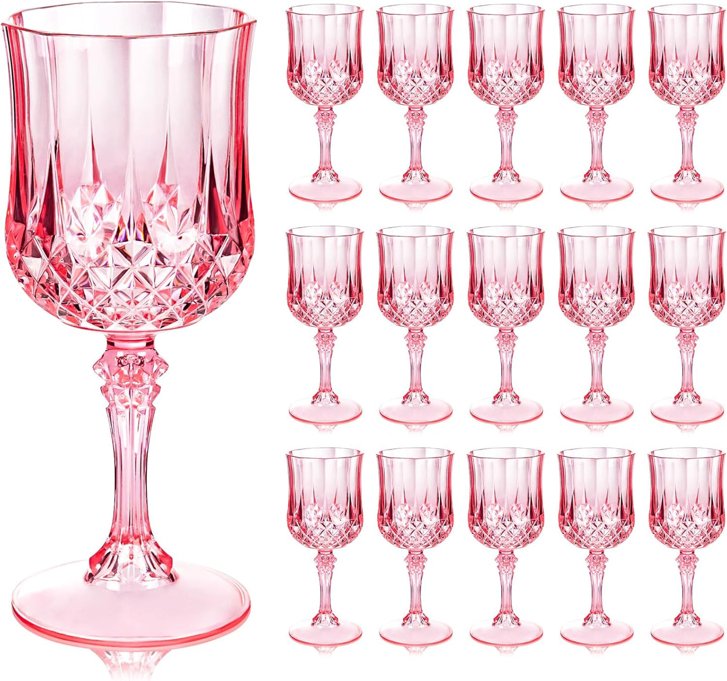 Ciaell 24PCS Pink Plastic Wine Glasses - 7 Oz Plastic Goblets for Party - Pink Vintage Drinking Glasses - Disposable Water Goblets Set for Wedding, Bar, Wine, Beer, Juice, Cocktail, Whiskey