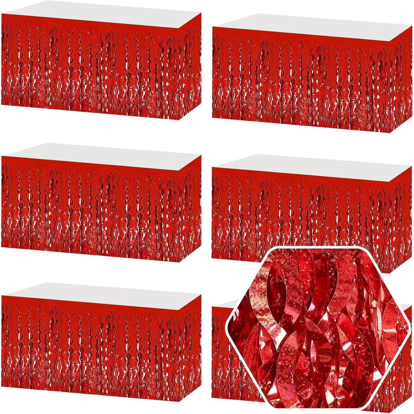 6Pack 29 x108 Inch Red Wave Foil Fringe Table Skirts Metallic Banner for Tinsel Streamer Garland Backdrop for Parade Floats, Mother's Day, Easter, Graduate, Birthday, Wedding Party Decoration