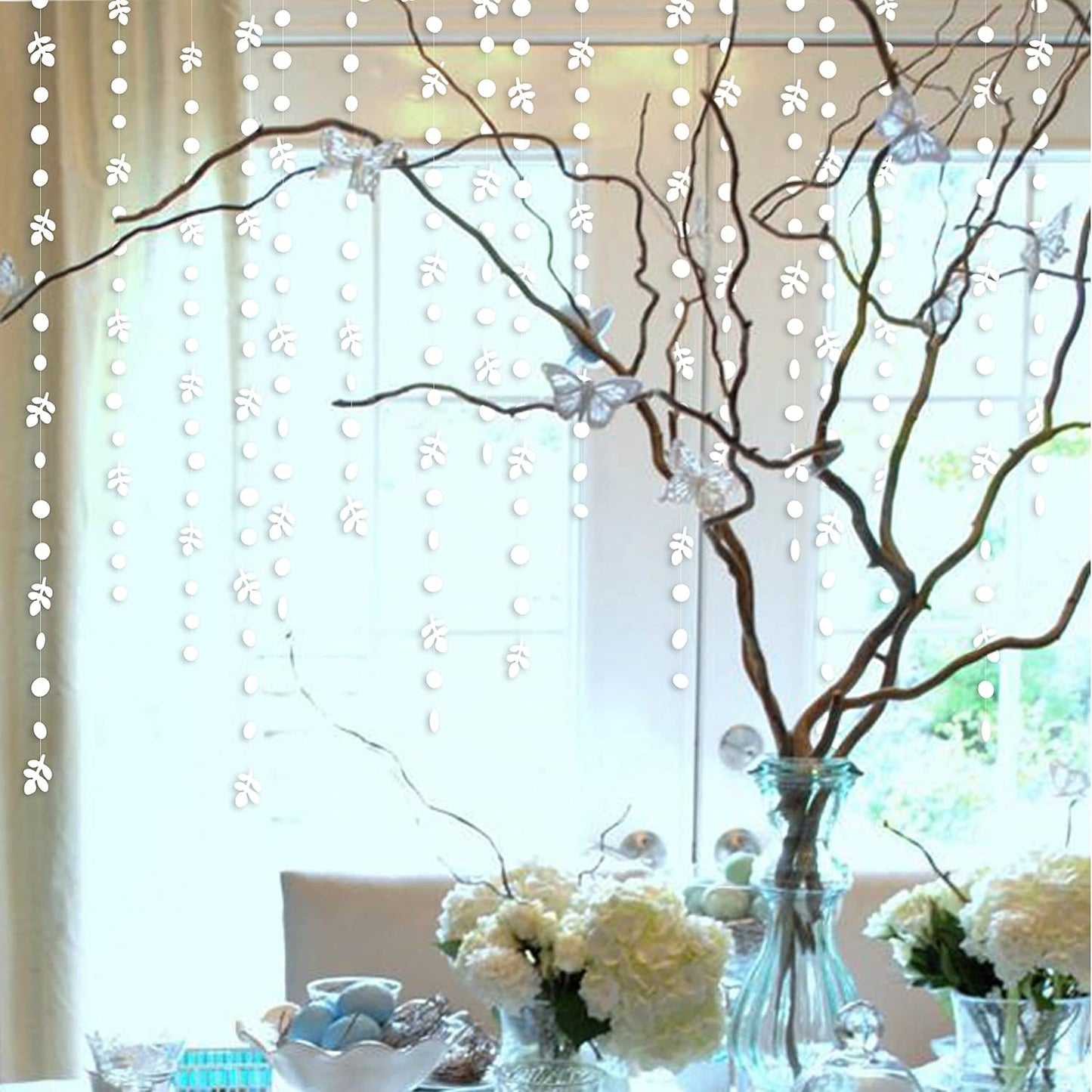 52Ft White Party Decoration Spring Leaf Polka Dot Garland Paper Hanging White Olive Leaves Circle Dot Streamer Banner for Engagement Wedding Bridal Baby Shower Bachelorette Birthday Tea Party Supplies