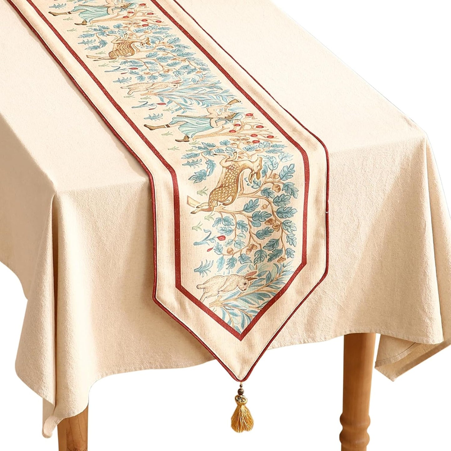 patdrea Designer Idyll Linen Extra Long Table Runner,Vintage Beige Farmhouse with Ancient Spring Figure and Animal Pattern Table Mat,Decoration for Kitchen Dining Banquet Christmas ,16"*118"