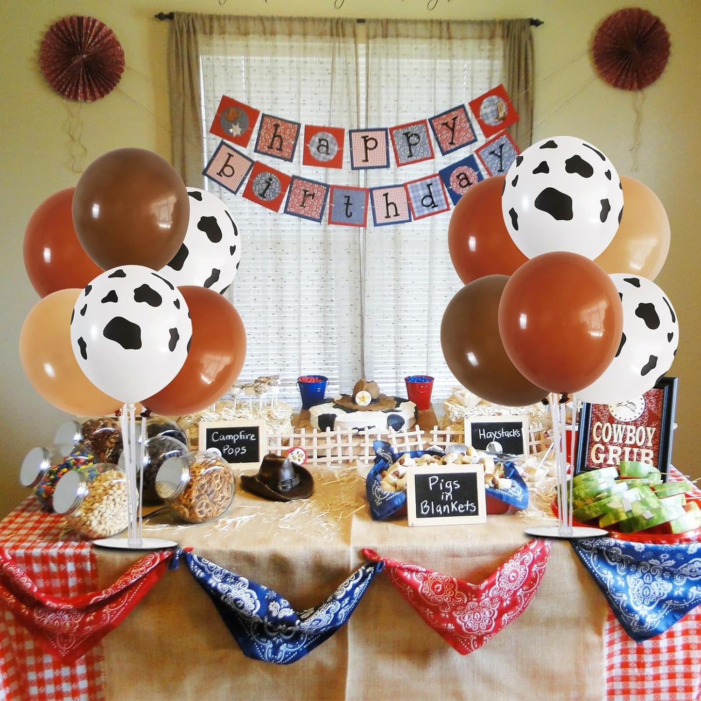 TONIFUL 4 Set Western Balloon,Brown Nude Cow Print Latex Cowboy Balloon Stand Centerpiece Table Decorations for Farm Cowboy Western Baby Shower Birthday Party Decorations