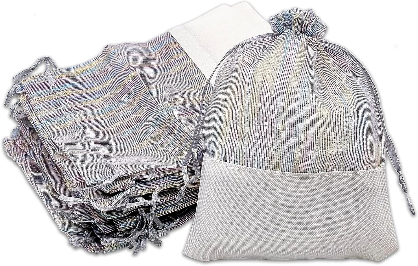 TheDisplayGuys For Your Modern Living 24-Pack Linen & Iridescent Organza Gift Bags with Drawstrings (Small 4 x 6) - Party Favors, Samples, Treats Mesh Pouches