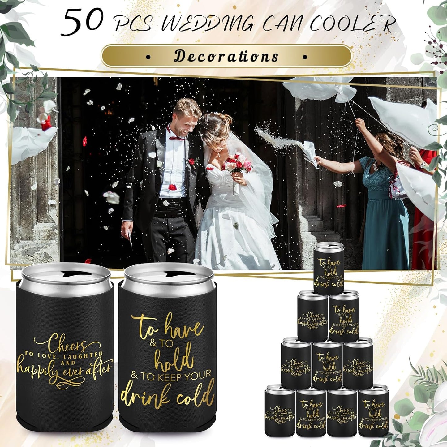 50 Pieces Black Wedding Can Cooler Sleeves Bulk Engagement Party Favors for Guests Cheers to Love Laughter Happily Ever After Rehearsal Dinner Decorations for Wedding Bridal Party