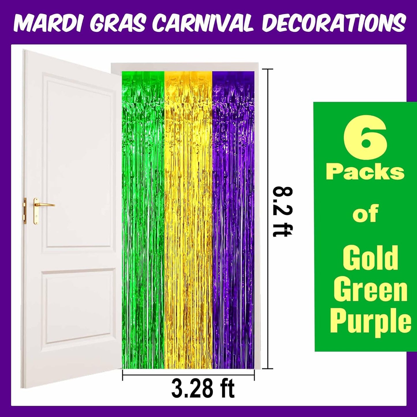 6 Pack Gold Green Purple Foil Fringe Curtains Backdrop, 3.28 x 8.2 Ft Metallic Streamers Tinsel Curtains Background for Photo Booth, Birthday, Weddings, Carnivals, Graduation, Themed Party Decorations