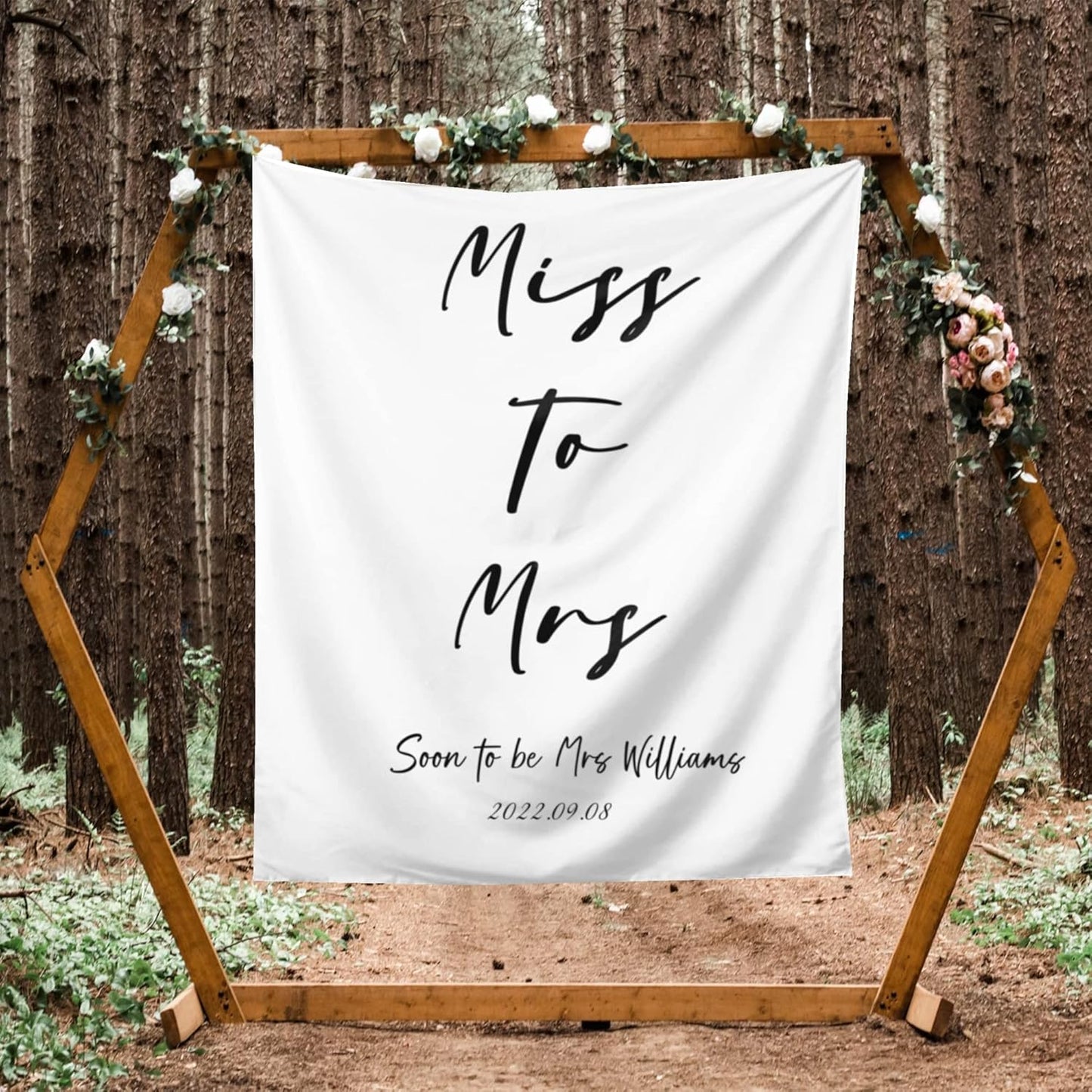 Miss to Mrs Backdrop, Custom Tapestry with Names and Date, Personalized Calligraphy Banner for Bridal Brunch, Shower, Engagement, Bachelorette Party - Reception Backdrop Future