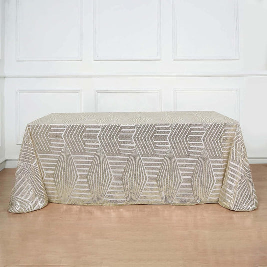 Efavormart 90"X132" Champagne Sparkly Sequin Geometric Tulle Rectangular Tablecloth