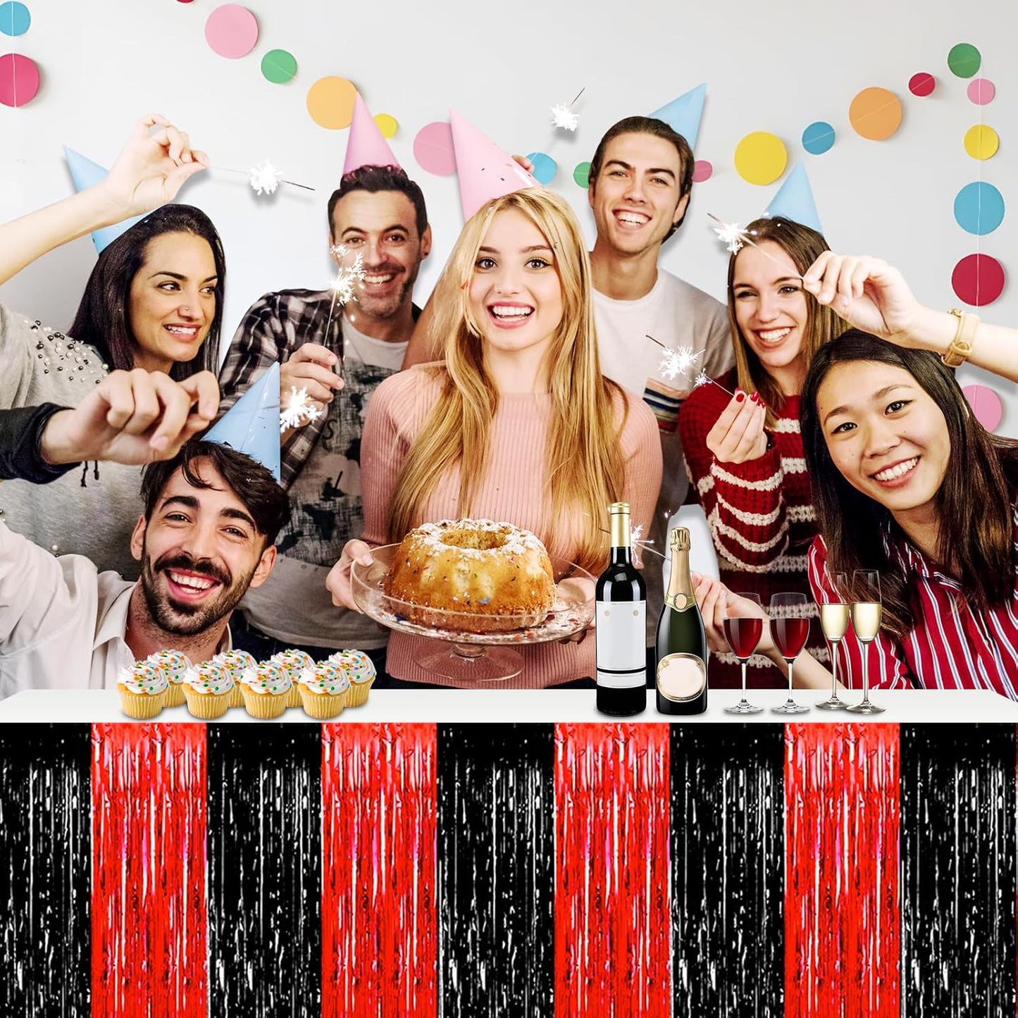 3 Pack 29x108 Inch Black Red Foil Fringe Table Skirts Metallic Banner for Tinsel Streamer Garland Backdrop for Parade Floats Wedding Thanksgiving Birthday Christmas Halloween Party Decoration