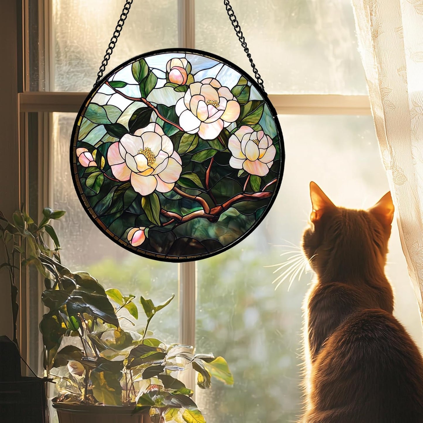 Stained Glass Suncatcher, Light Pink Flowers Green Leaf Sun Catcher Plant Stain Glass Window Hanging Decoration Mother's Day Birthday Gifts for Women Men Mom Nana 9.8 in