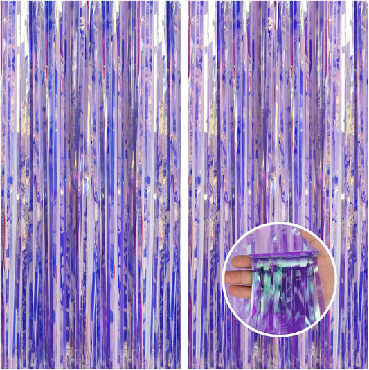 CANREVEL 2 Pack 3.2x6.5 Feet Iridescent Foil Fringe Backdrop Curtains, Clear Purple Tinsel Photo Booth Props Streamers Party Decorations for Birthdays Graduation, Mermaid, Halloween, Disco Party
