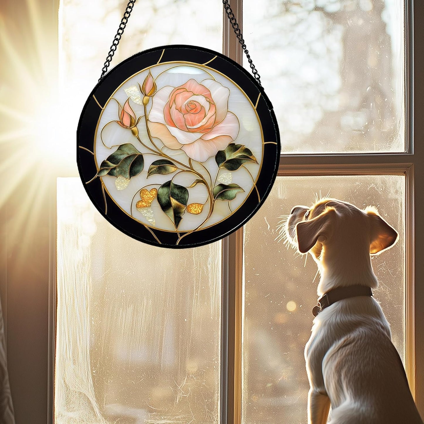 Stained Glass Window Hanging - Black White Pink Rose Sun Catcher for Door Home Decor Flower Suncatcher Christmas Mother's Day Birthday Gifts for Women Men Lovers Mom Nana 15 in