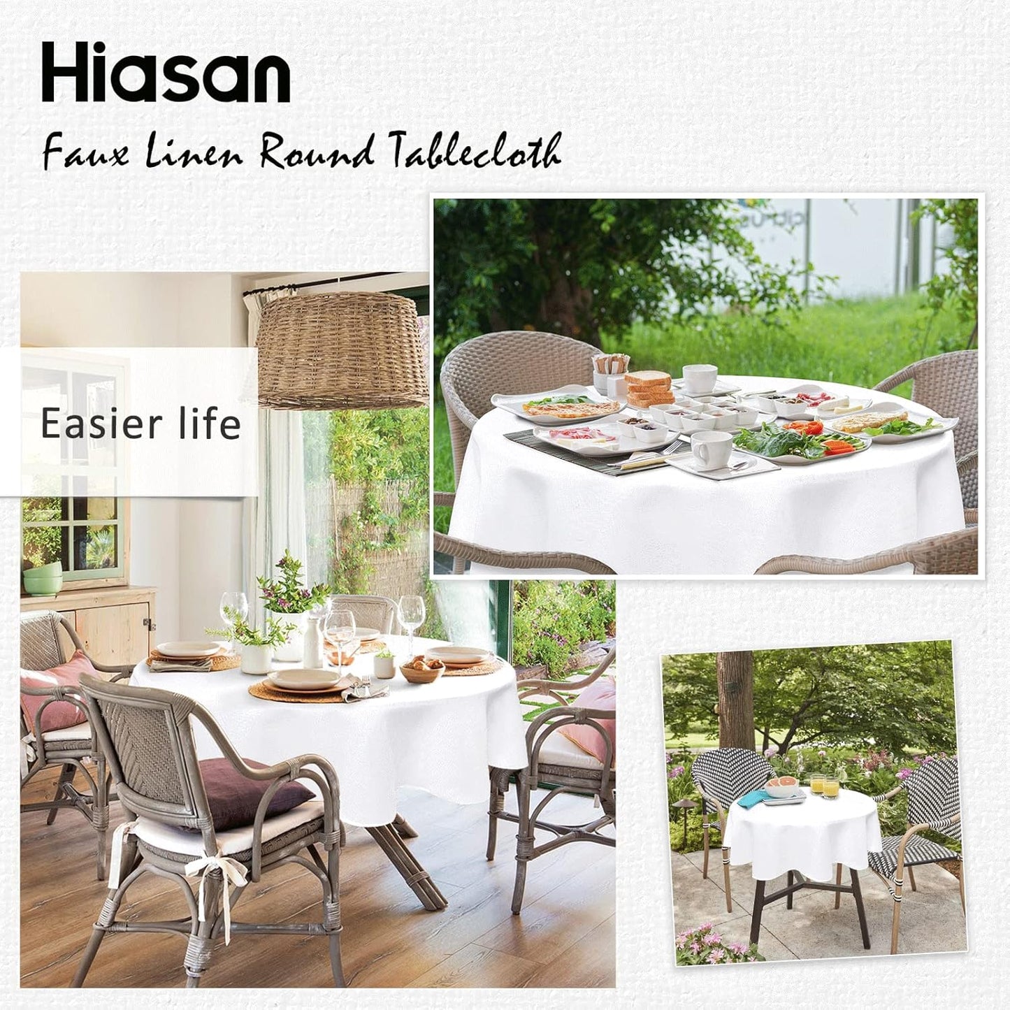Hiasan Round Tablecloth 45 Inch Linen - Wrinkle and Stain Resistant Washable Polyester Fabric Table Cloth for Dining Room Kitchen Party, White