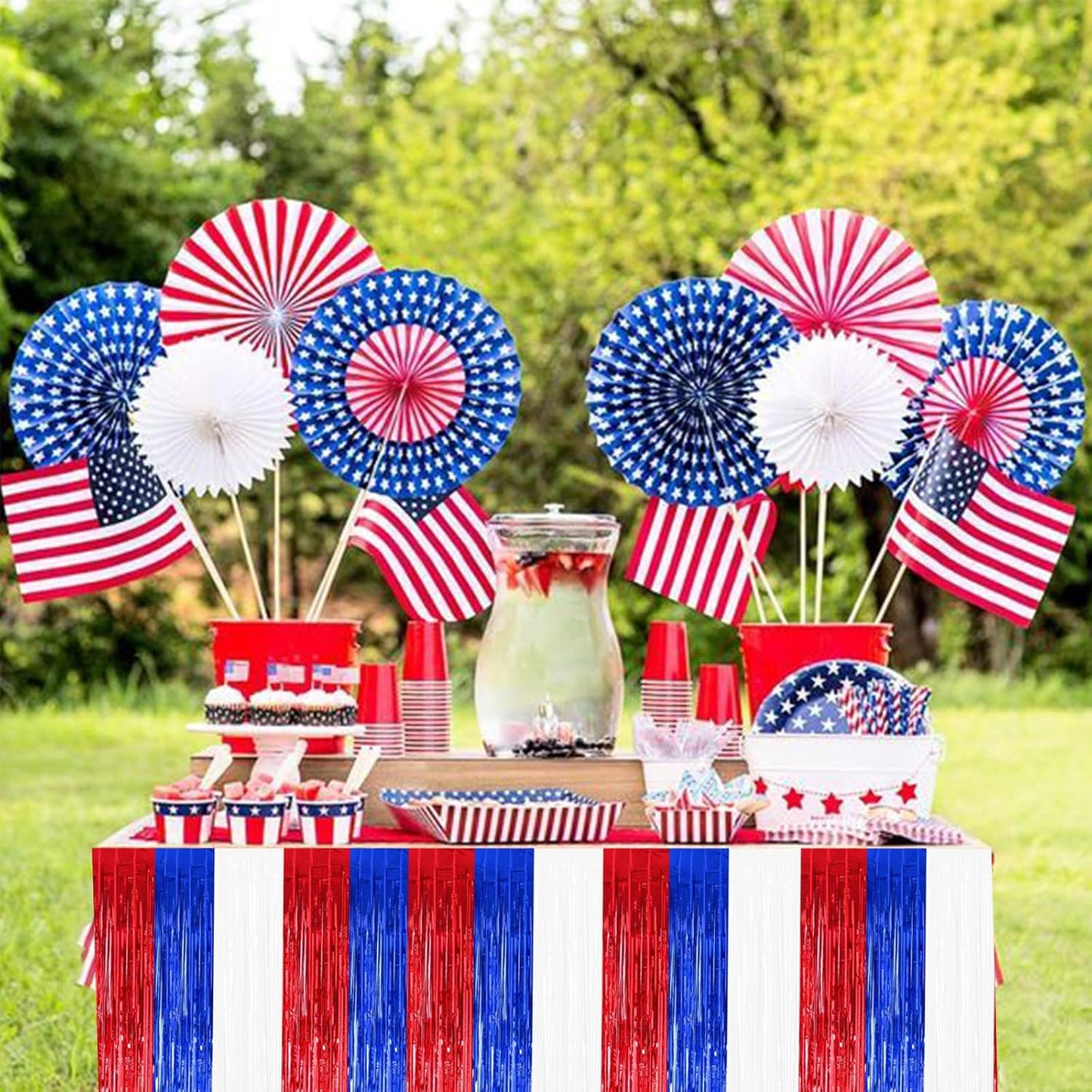 BEISHIDA 2 Pack Metallic Tinsel Foil Fringe Table Skirts for Rectangle & Round Tables Red, Blue, White Kids' Birthday, Holiday Cartoon Party Decorations Birthday, July 4th, Baby Shower, Festive Events