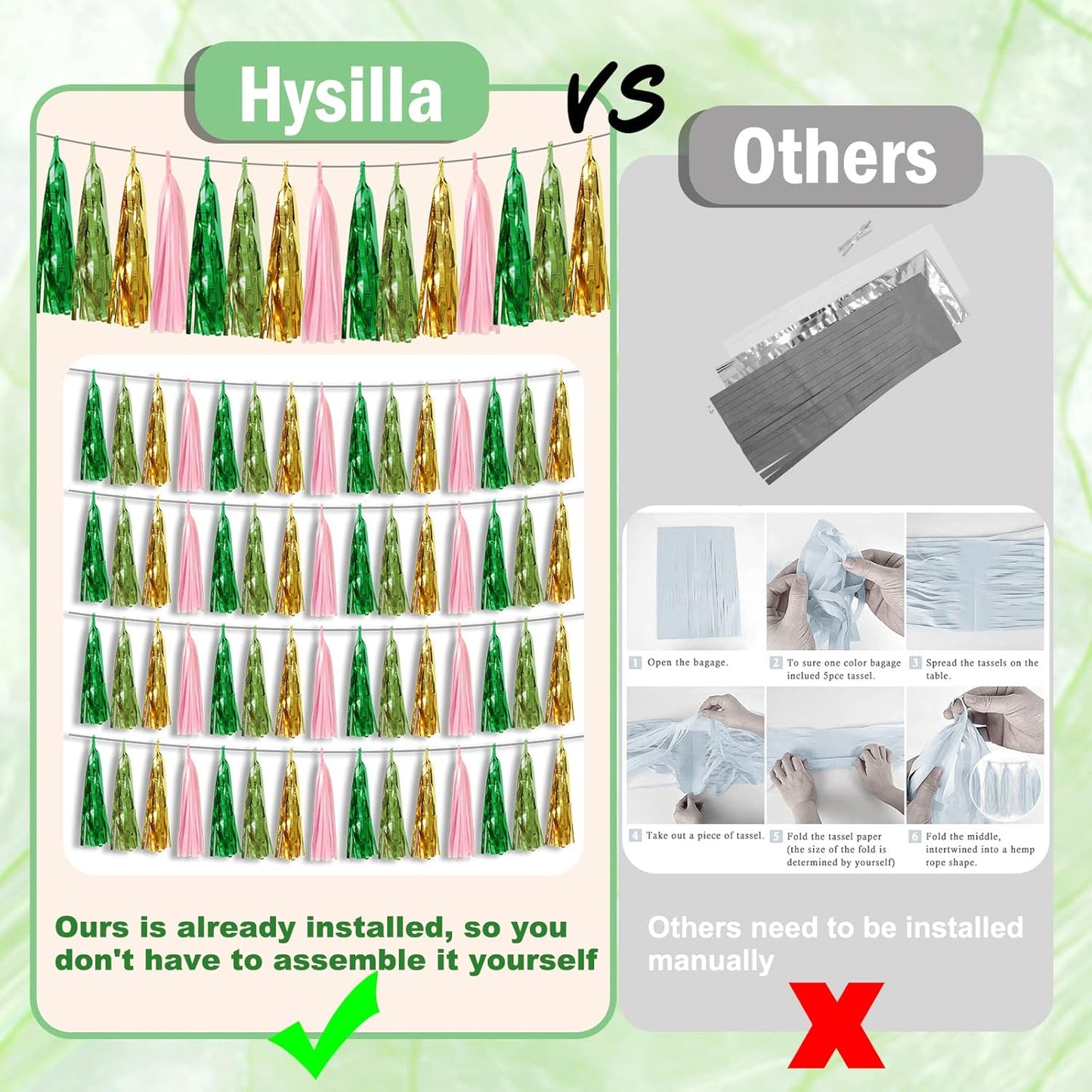 6P Sage-Green Pink-Gold Foil Fringe Metallic Tassel Garland, Tassels Banner Streamers for Parade Floats, Bachelorette, Wedding, Birthday, Graduation, Christmas, Bridal/Baby Shower Party Decorations