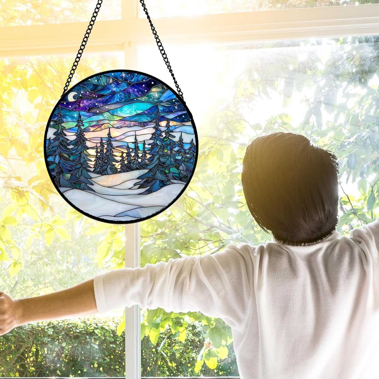 Stained Glass Window Hanging, Starry Sky Trees and Snow Sun Catchers Glass Panel Blue Suncatcher Decor for Birthday for Women, Men, Wife, Aunt, and Mom 11.8x11.8 in