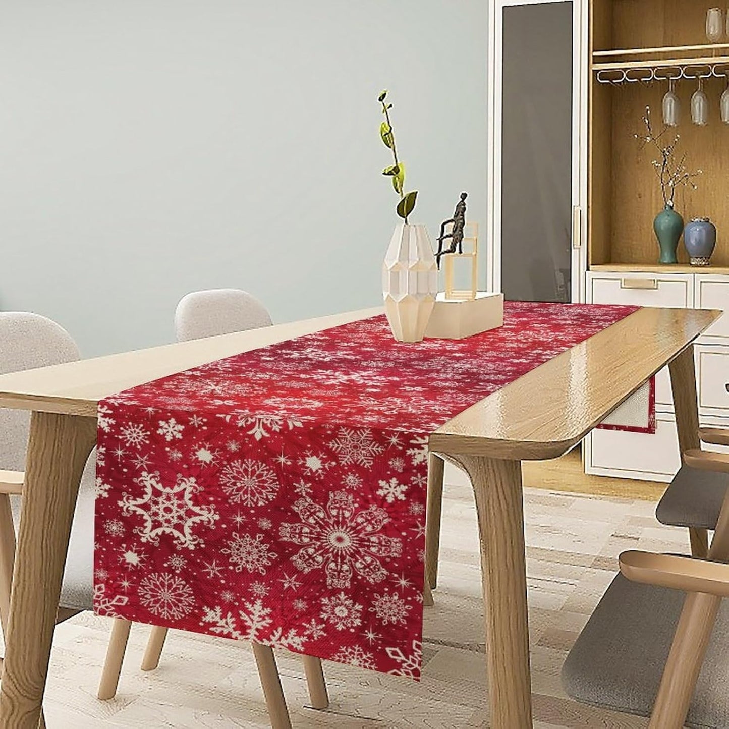 Snowflakes Christmas Table Runner, Winter Holiday Red Table Cloth Kitchen Dining Table Decoration for Home Party Decor 13x36 Inch