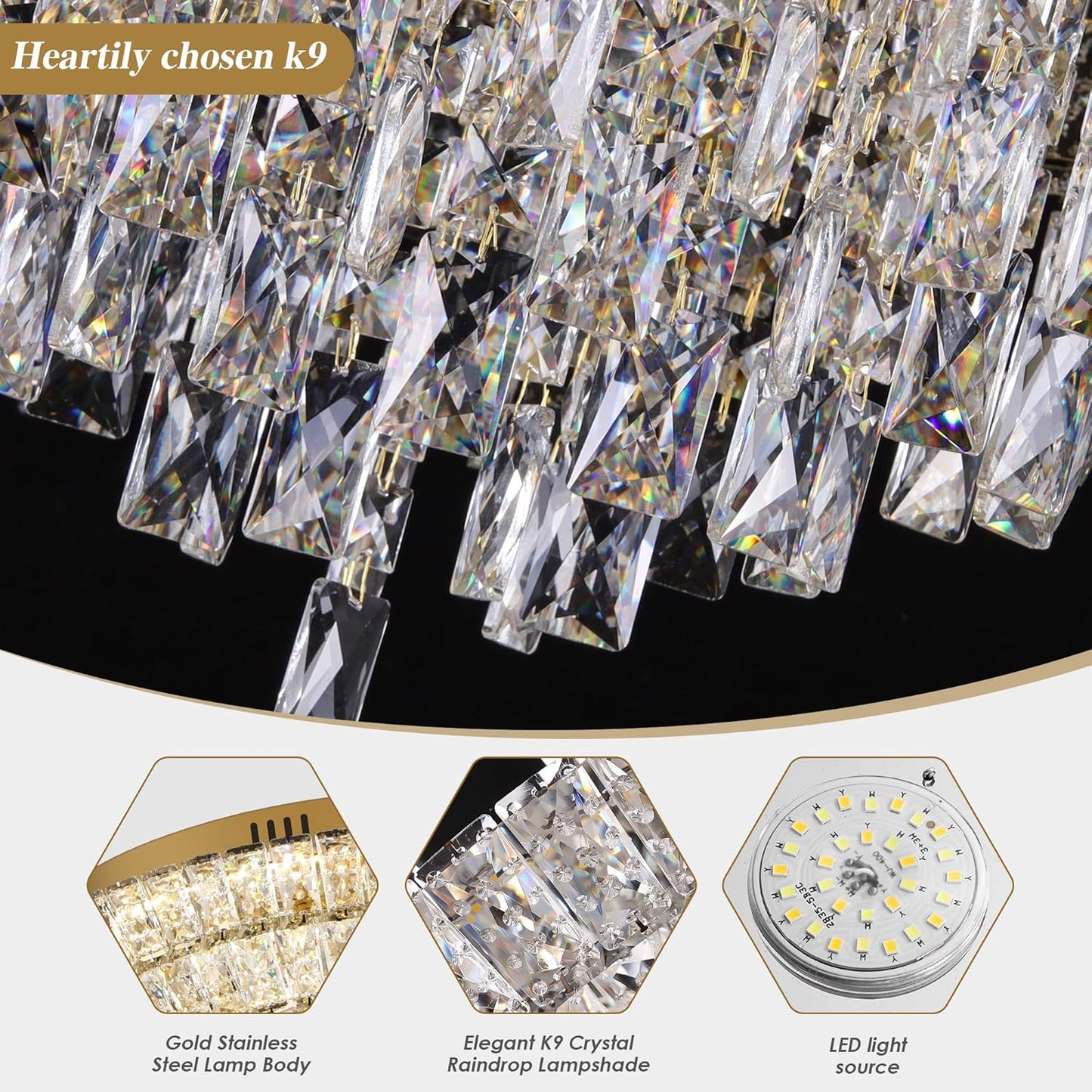 40 inch Crystal Gold Ceiling-Light Flush Mount with Remote Control and APP, 3CCT Dimmable & Brightness Adjustable, Modern Crystal Raindrop Chandeliers for Bedroom Hallway Dinning Room Living Room