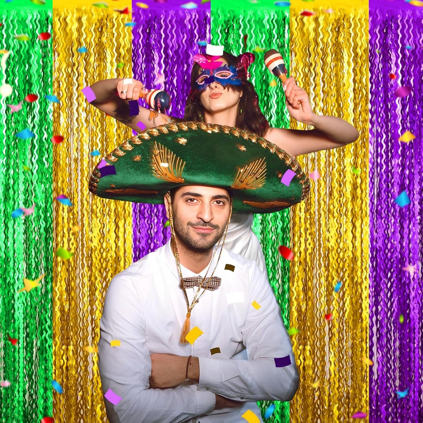 4 Pack Gold Green Purple Wave Foil Fringe Curtain Backdrop, 3.28Ft x 8.2Ft Metallic Tinsel Foil Fringe Streamer Curtains for Photo Booth, Mother's Day, Easter, Birthday, Wedding Party Decoration