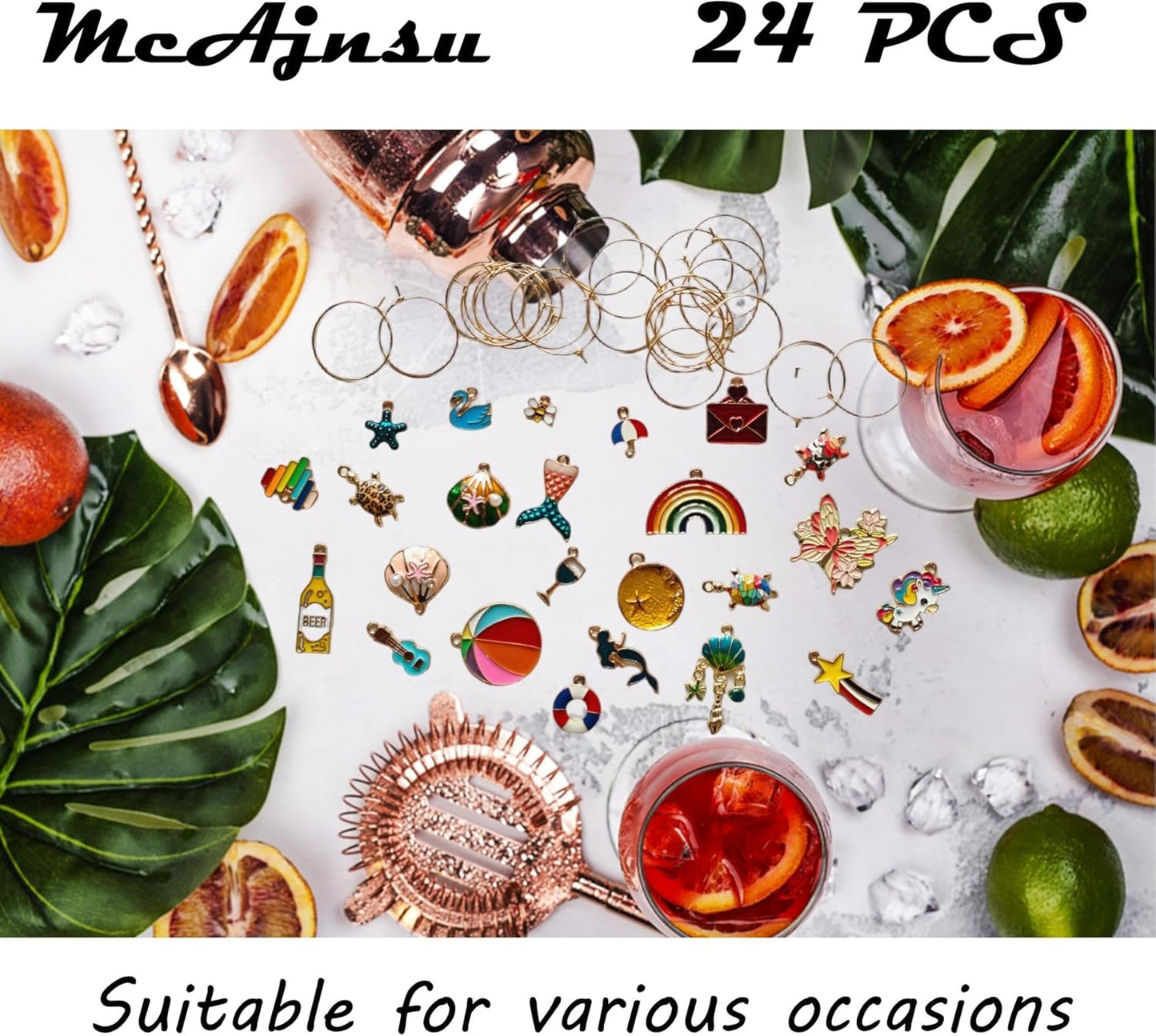 24Pcs Wine Glass Charms & Markers - Reusable Identifier Tags for Stem Glasses - Funny Non-Scratch Charms for Summer Beach, Christmas & Wine Party