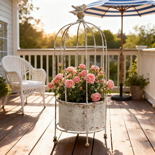 Vintage Rustic Birdcage Planter Stand, Farmhouse Distressed Decorative Metal Round Plants Holder, Outdoor Garden Flower Pot for Climbing Plants, Home Patio Yard Balconies Decor