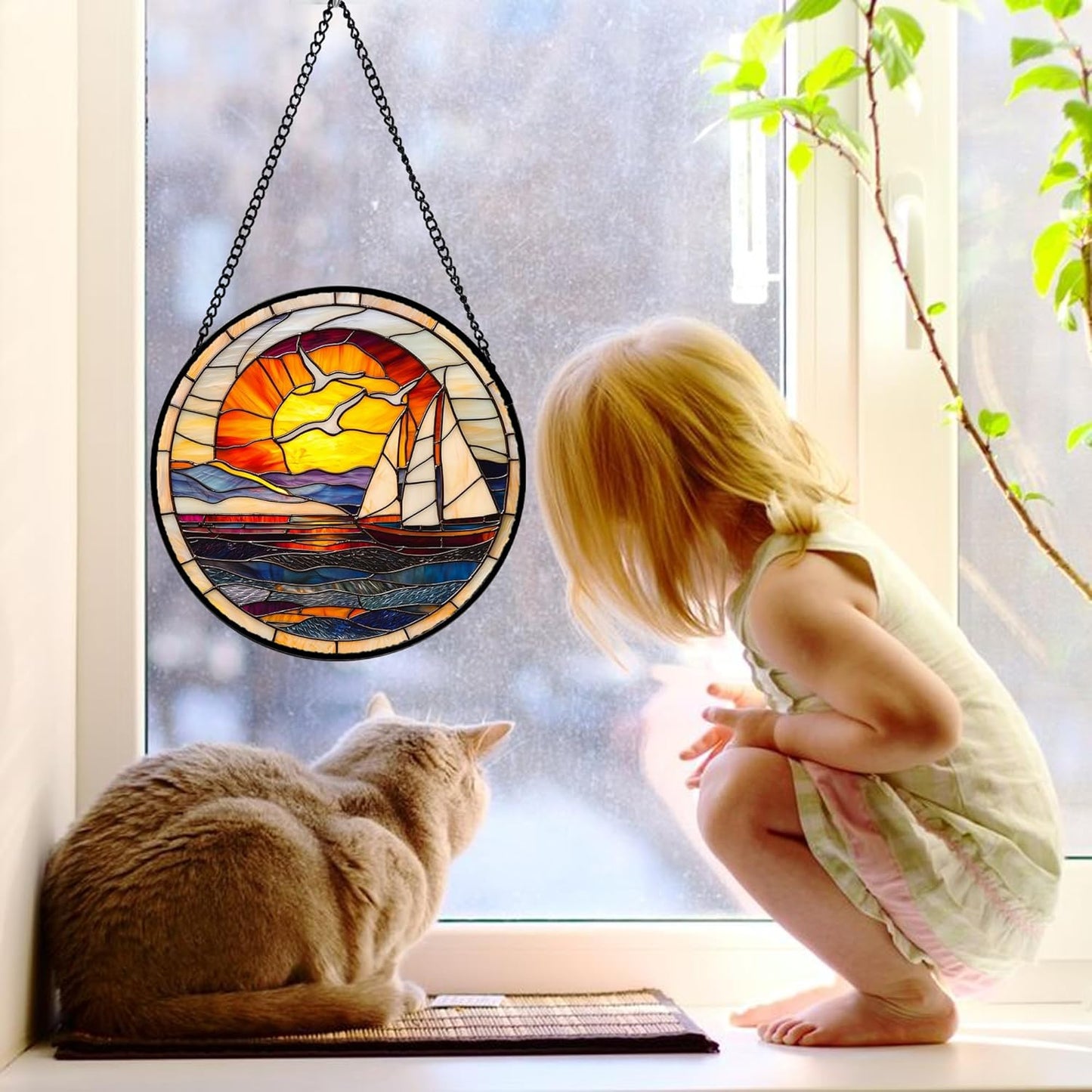 Stained Glass Window Hanging, Sun Ocean Sailboat Seagull Abstract Suncatcher Diamond Glass Panel Sun Catchers Decor for Birthday for Women, Men, Wife, Aunt, and Mom 9.8 in