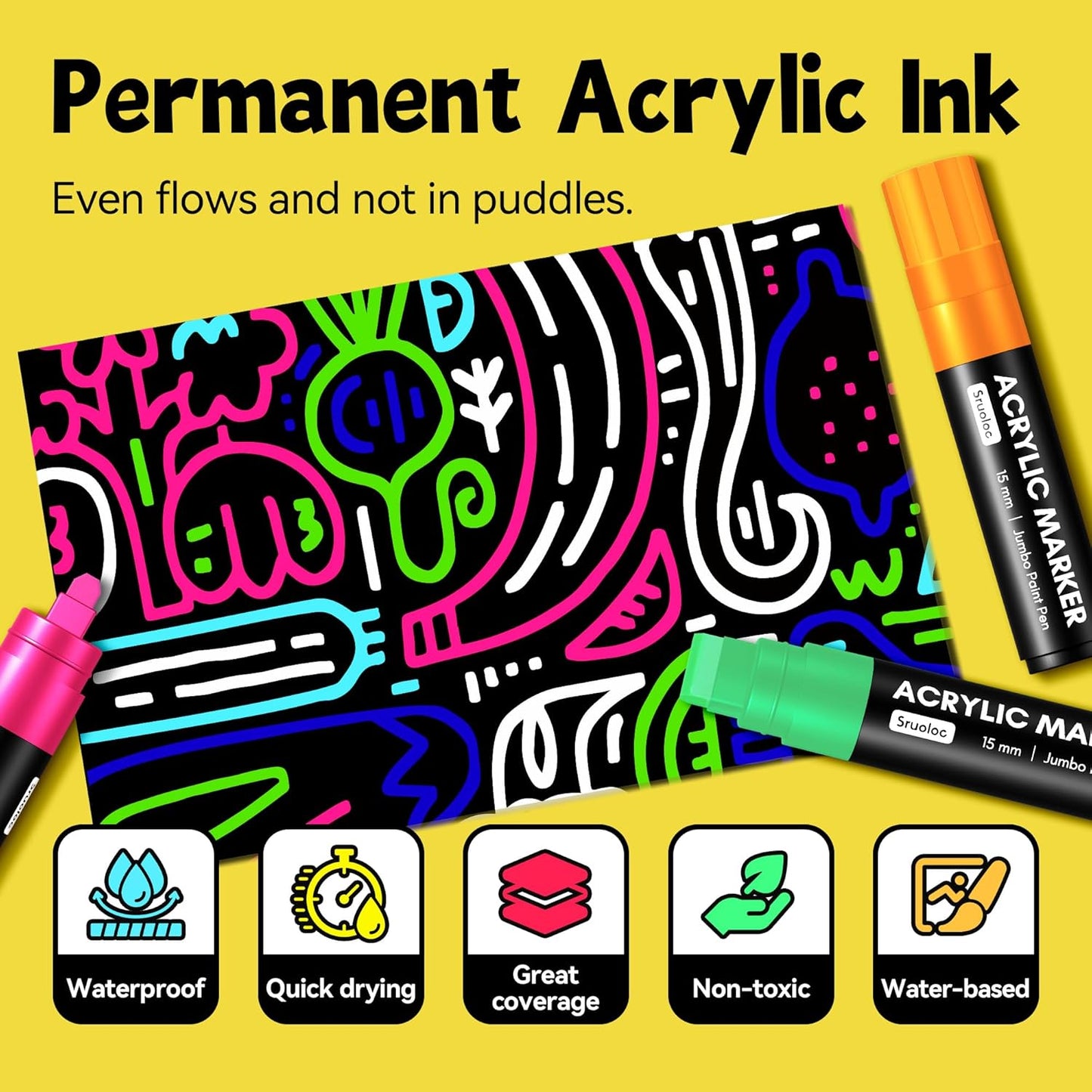 12 Neon Colors Jumbo Markers, 15mm Jumbo Felt Tip, Acrylic Paint Markers for Rock Painting, Poster, Stone, Ceramic, Glass, Wood, Canvas