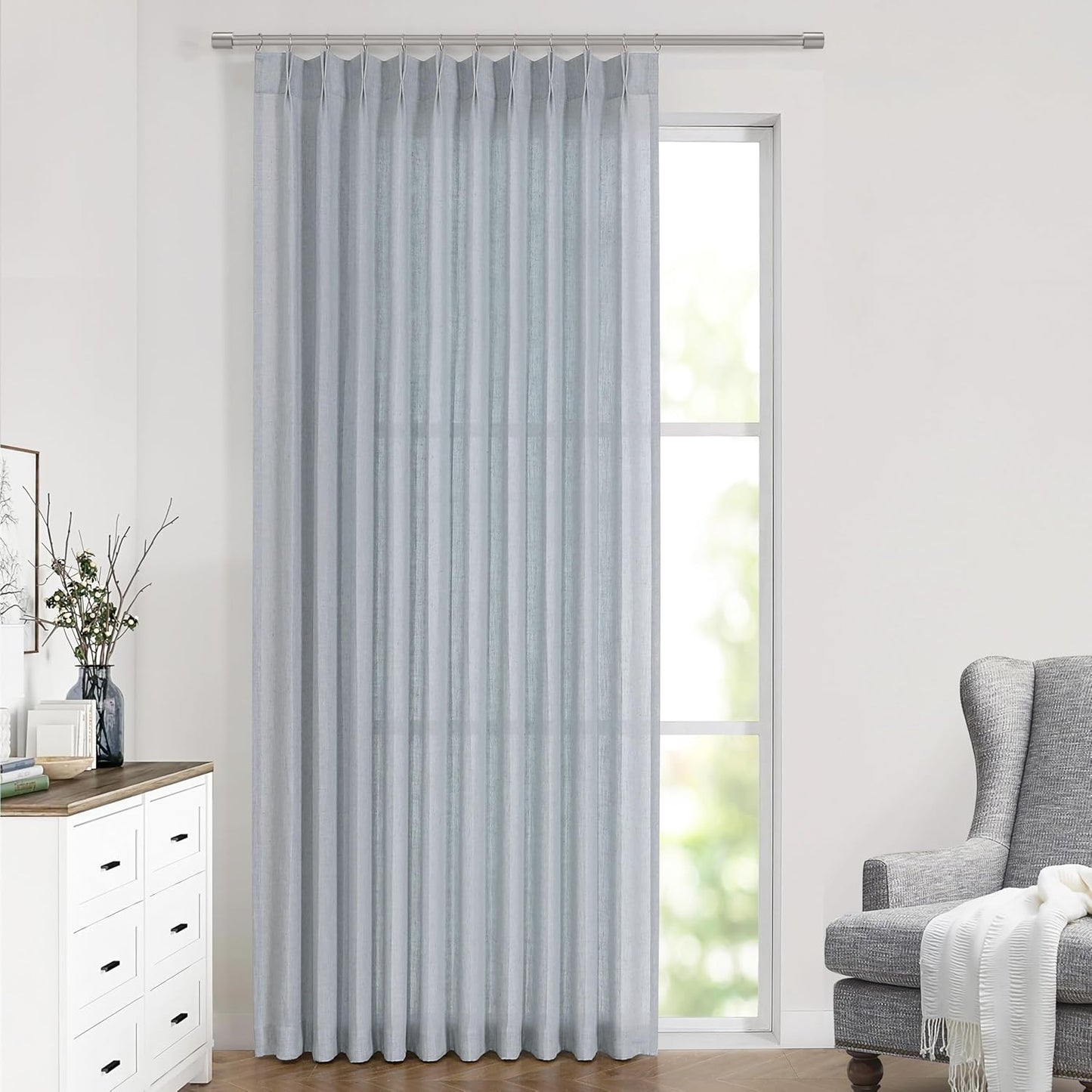 Vision Home Blue Grey Pinch Pleated Semi Sheer Curtains Textured Linen Blended Light Filtering Window Curtains 120 inch for Living Room Bedroom Patio Pinch Pleat Drapes with Hooks 10FT 60" Wx120 Lx1