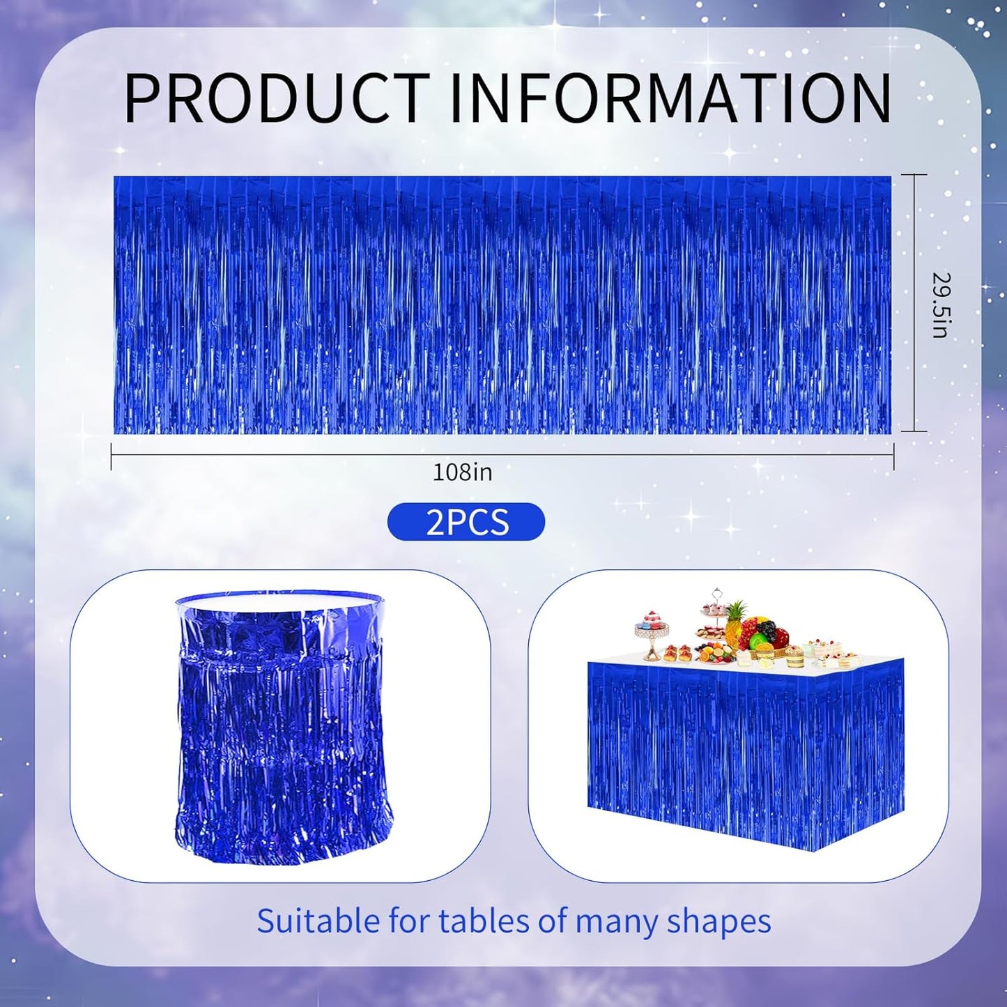 BEISHIDA 2 Pack Dark Blue Table Skirts with Metallic Tinsel Foil Fringe for Rectangle and Round Tables - Birthday & Holiday Party Decorations