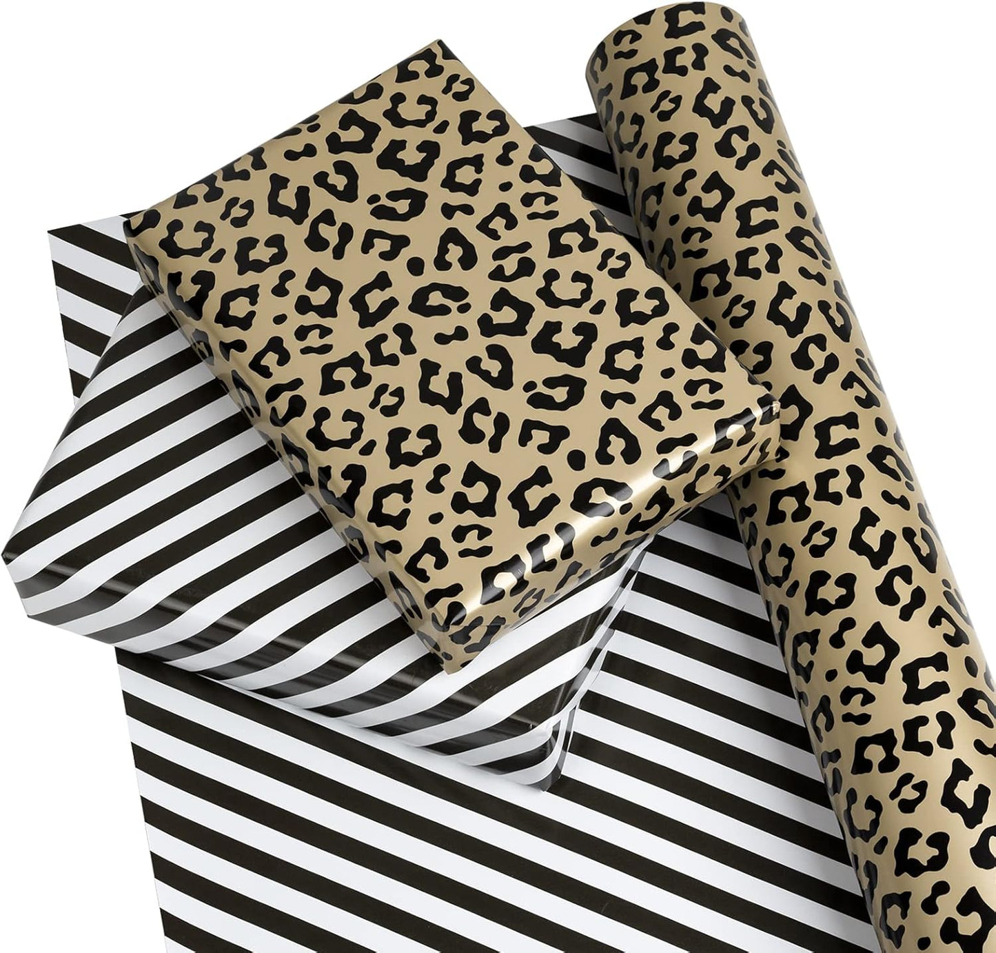 WRAPAHOLIC Reversible Leopard Wrapping Paper - Mini Roll - 17 Inch X 33 Feet - Leopard Print with Metallic Foil Shine and Stripe Design for Birthday, Holiday, Baby Shower