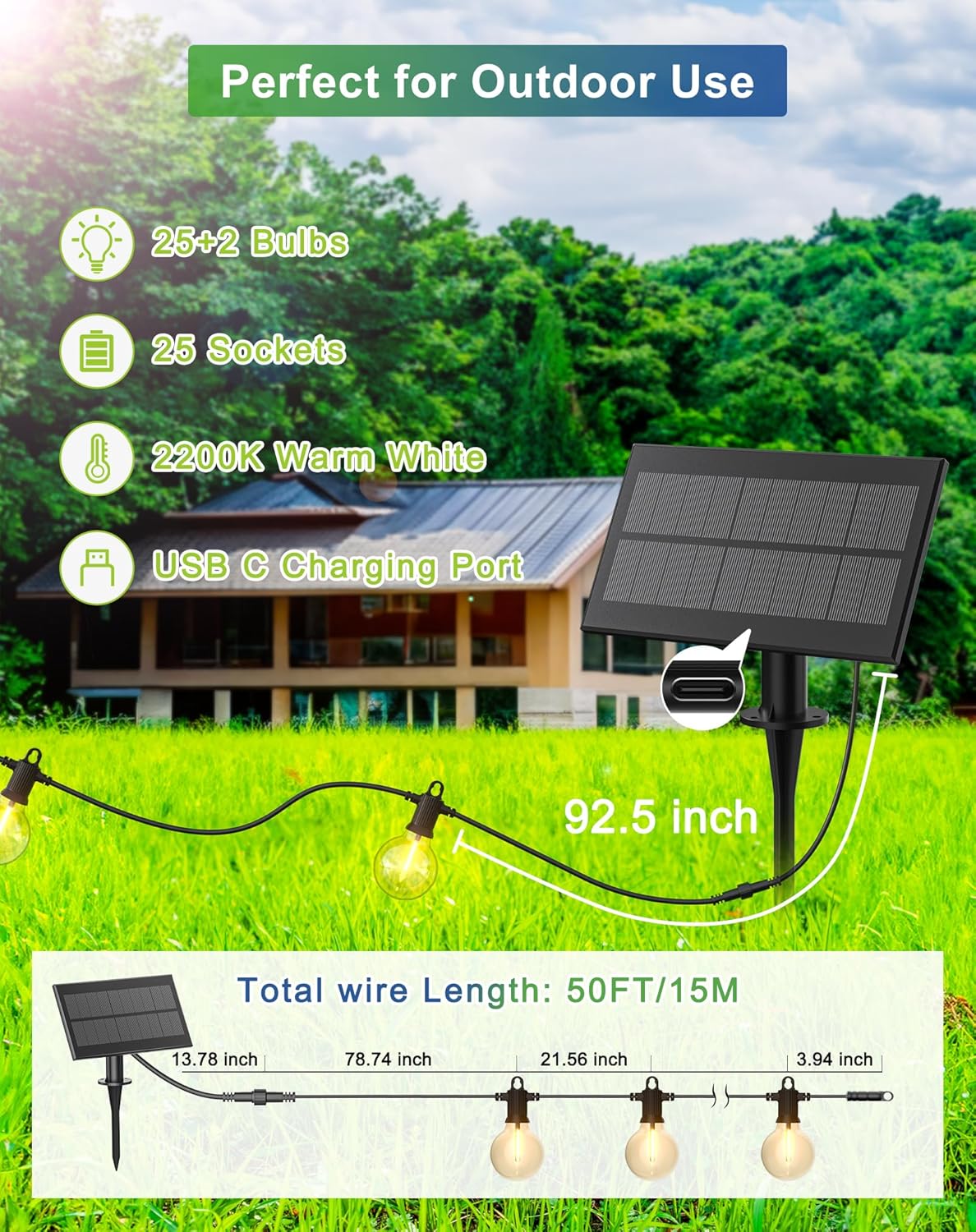 Solar String Lights Outdoor Waterproof 50FT with USB Port and 27 Shatterproof G40 Bulbs(2 Spare), LED Solar Powered Patio Lights for Outside, Porch, Backyard, Bistro, Garden, Market - 2200K