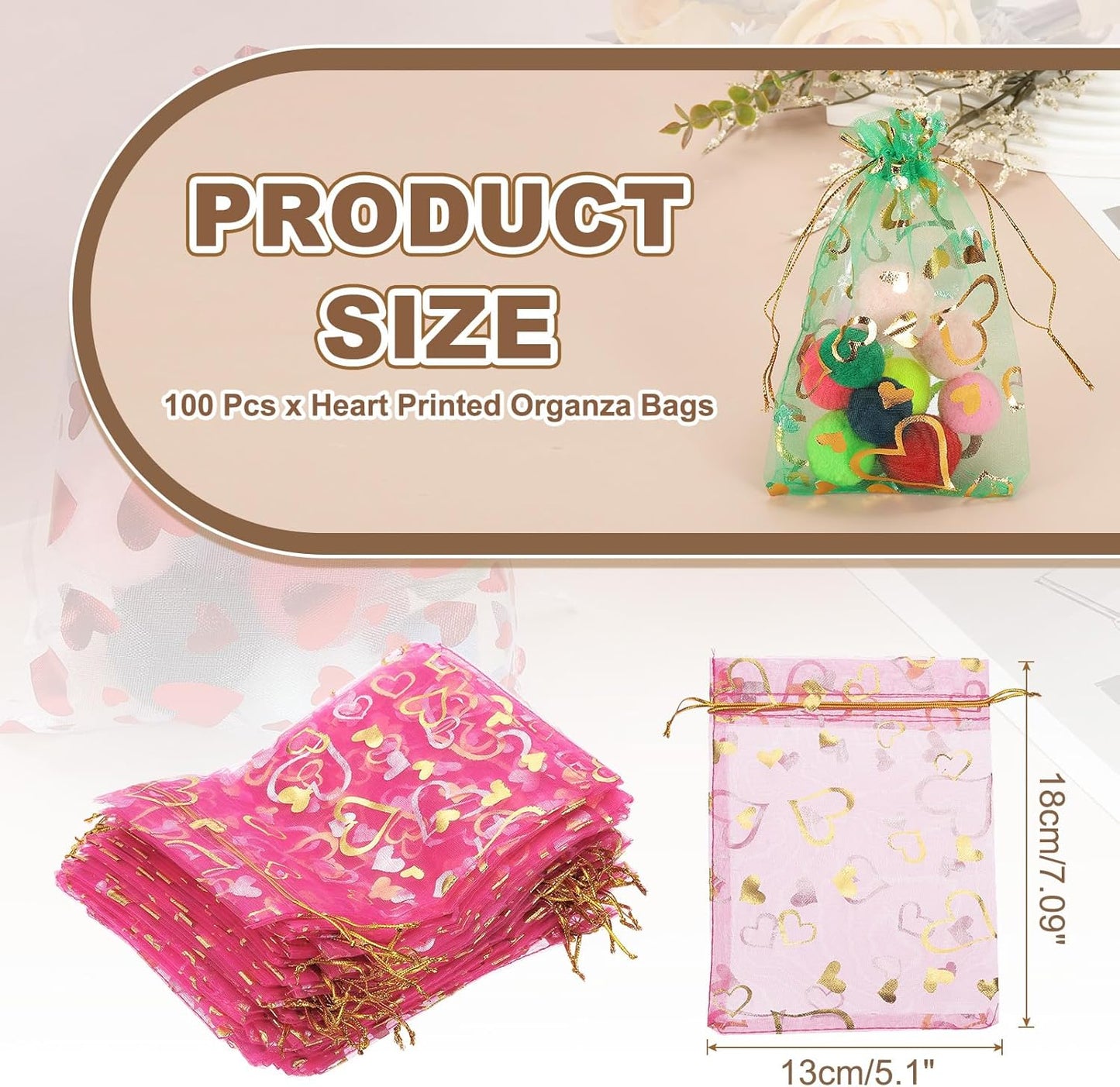 PATIKIL 100 Pcs 5x7 Inch Heart Printed Organza Bags, Rose Red Sheer Heart Organza Bags with Drawstring for Christmas Candy Jewelry Party Wedding Favor Gift