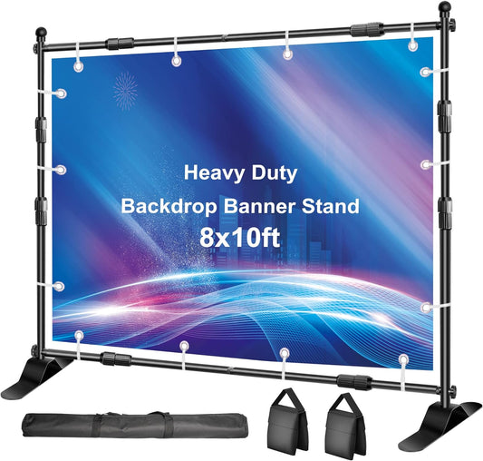 FUDESY Backdrop Banner Stand, 10x8ft Heavy Duty Display Frame, Adjustable Metal Telescopic Tube, Step and Repeat Background Stand Kit for Trade Show, Photography Photo Booth, Party, with Sandbags
