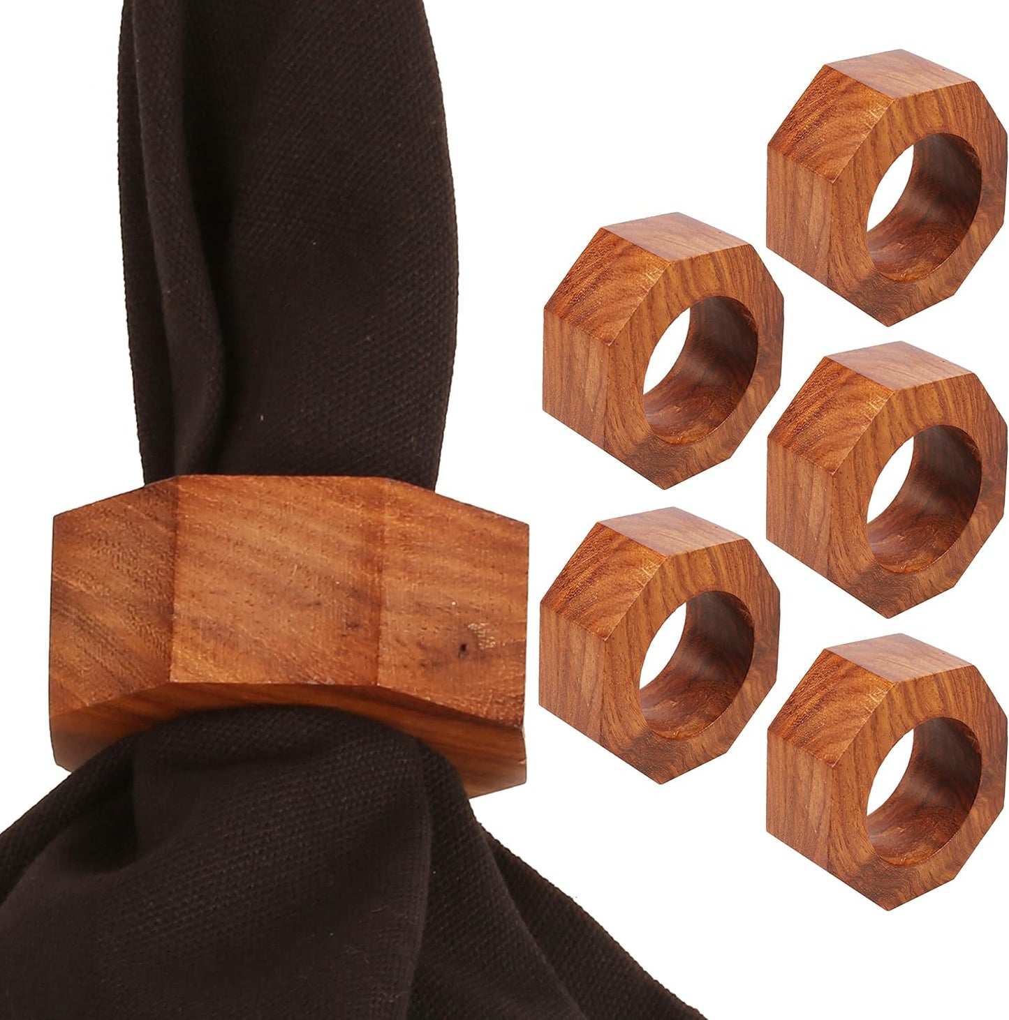 Finely Handcrafted Natural Wood Geometric Pentagon Shape Large Size Party Dining Table Napkin Holders in Natural Tone. (Set of 6).