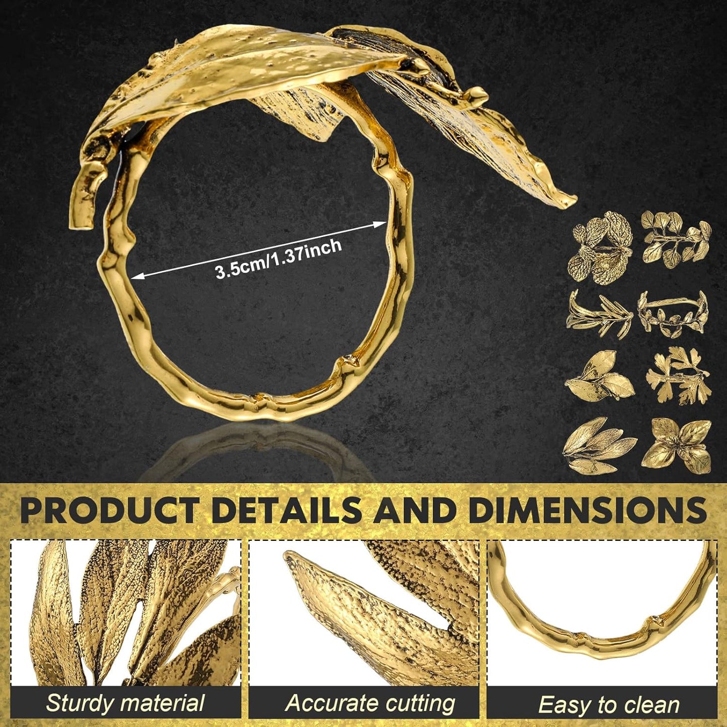 Cunhill 8 Pieces Herb Napkin Rings Set Vintage Leaf Napkin Holders Rings Glossy Holder Adornment Metal Table for Graduation Holidays Wedding Graduation Party Decor Everyday Use(Gold)